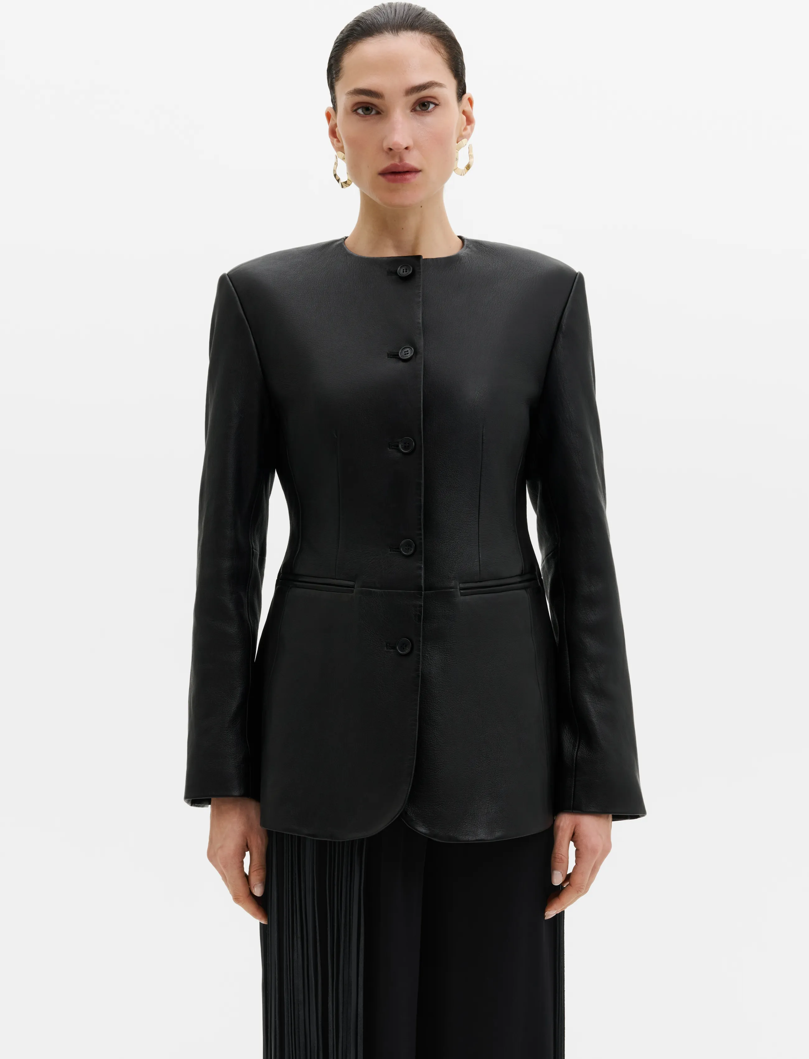 Malina Carol Fitted Leather Blazer, Kvinder, Figursyet Læder Blazer, Sort, Str: 34