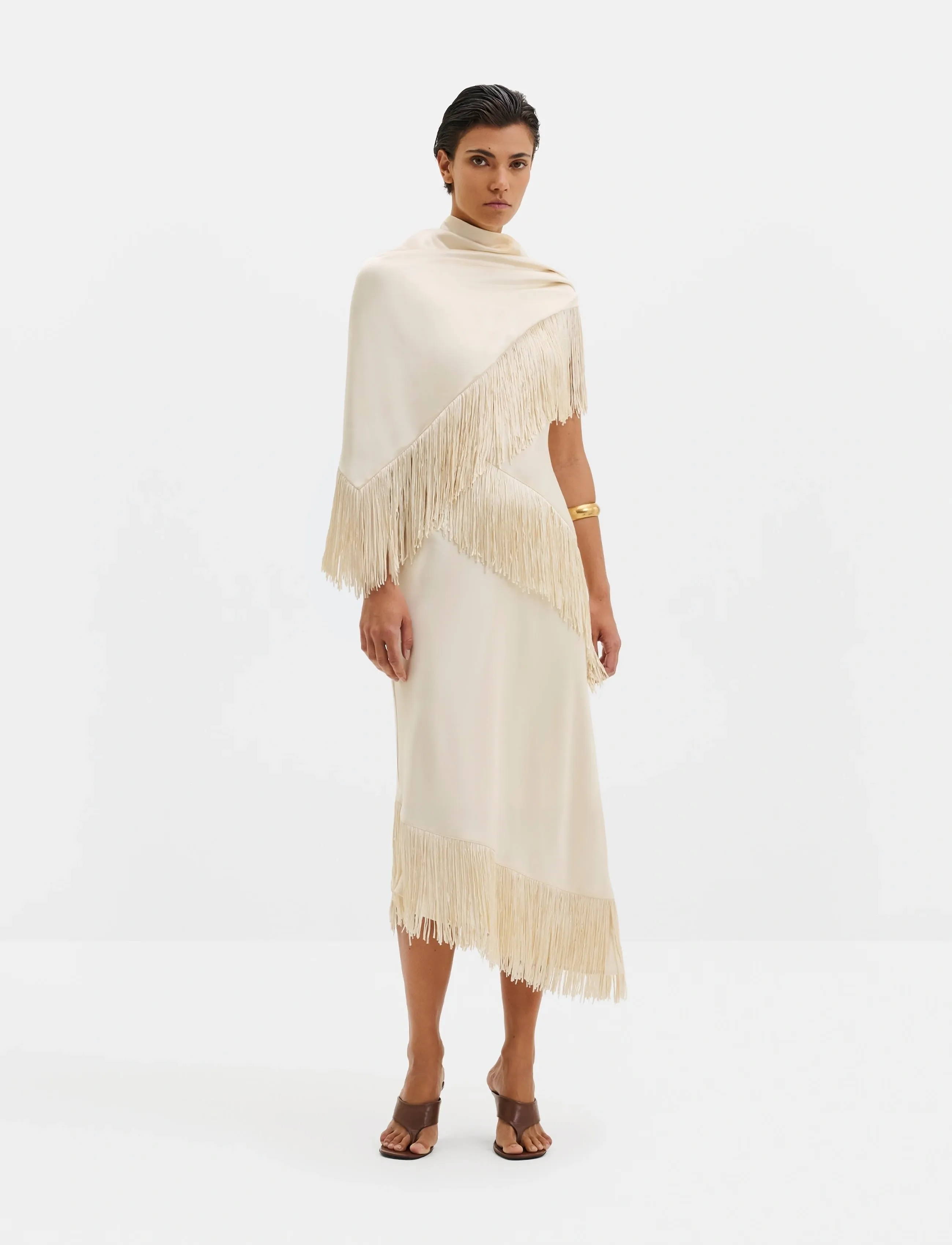 Malina Nalia Fringe Satin Scarf - Nordisk style - PEARL / cream