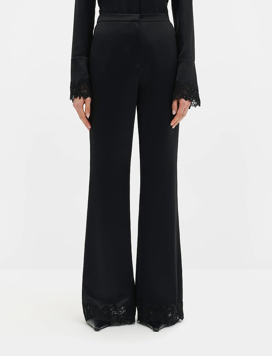 Malina - Marine Satin Lace Hem Trousers - utsvängda byxor - black - 0