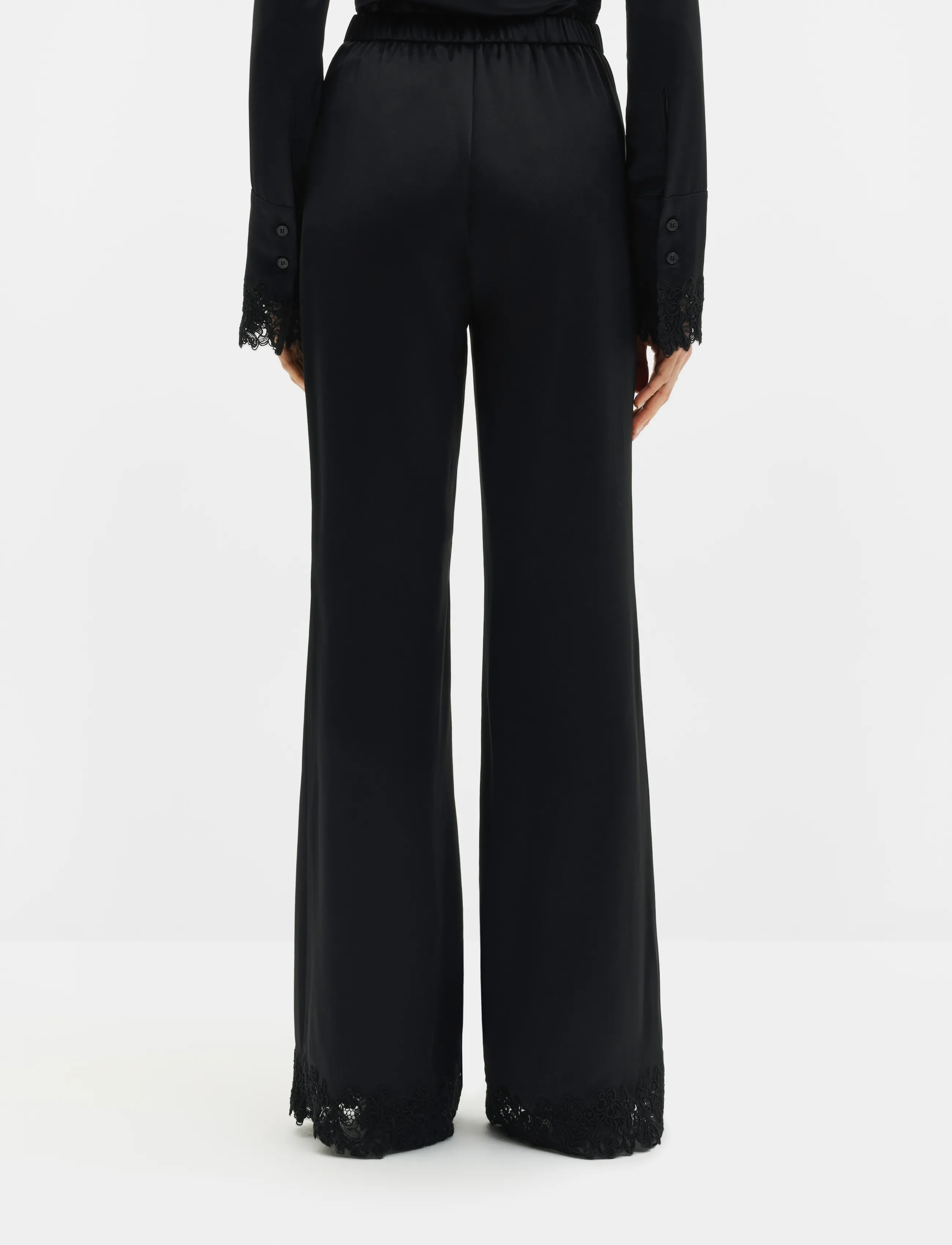 Malina - Marine Satin Lace Hem Trousers - utsvängda byxor - black - 2