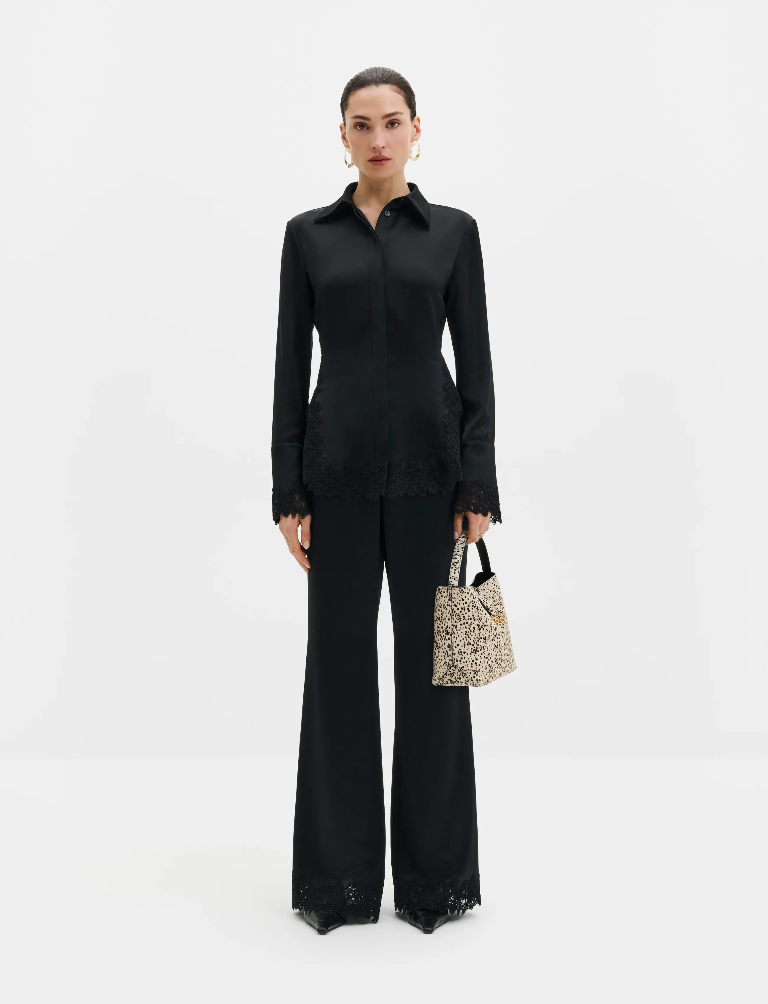 Malina - Marine Satin Lace Hem Trousers - utsvängda byxor - black - 3