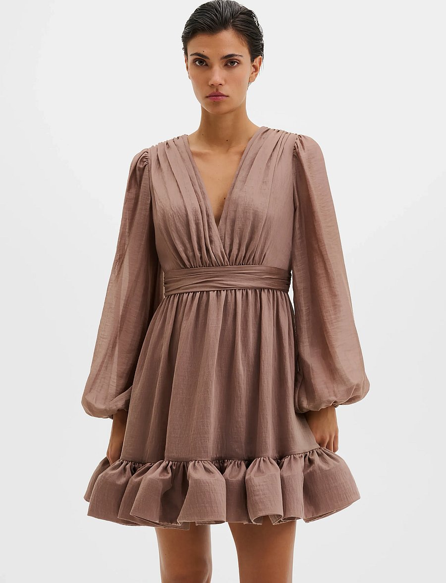 Malina - Jadie V-Neck Ruffled Mini Dress - kurze kleider - taupe - 2