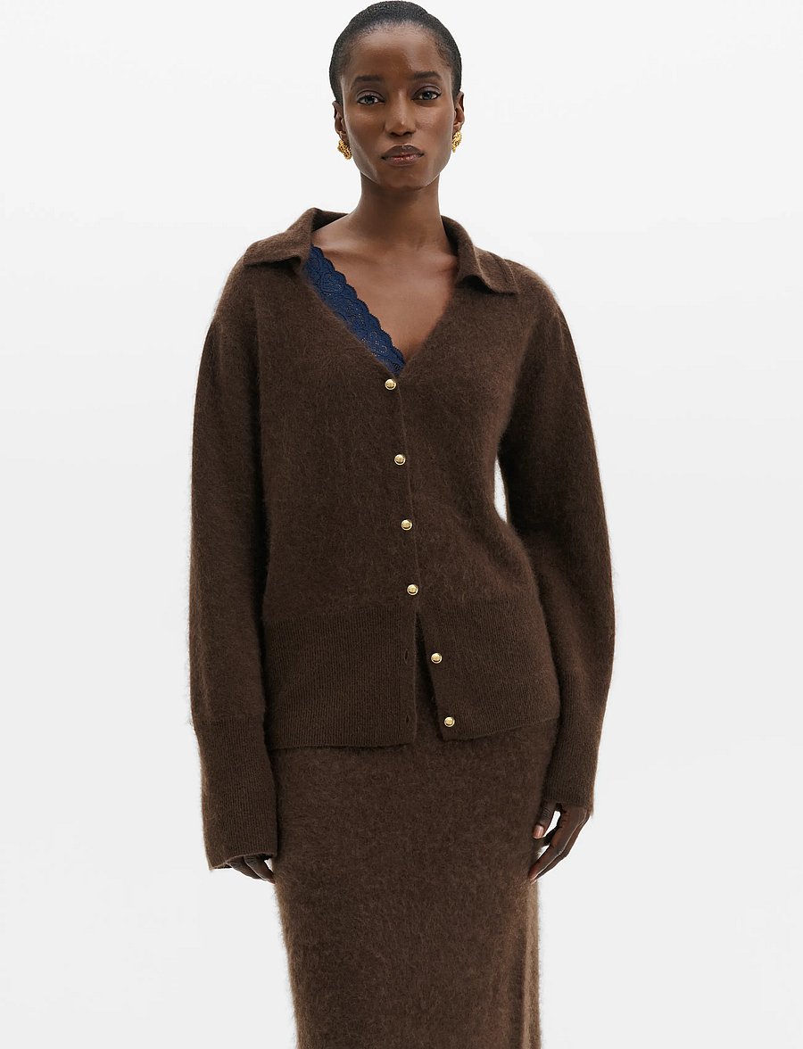 Malina - Lilian Brushed Wool Knitted Cardigan - koftor - dark brown - 0