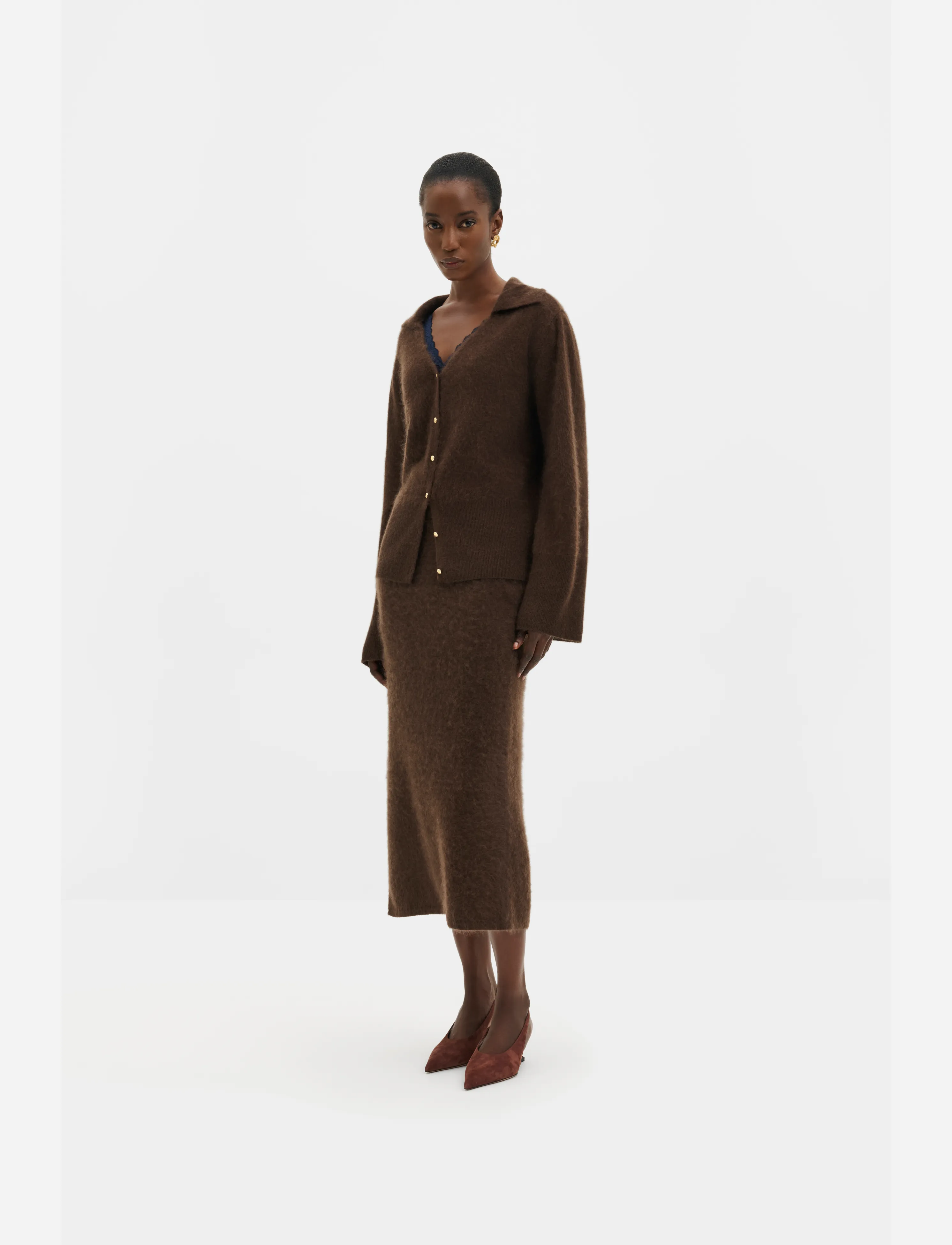 Malina - Lilian Brushed Wool Knitted Cardigan - koftor - dark brown - 3