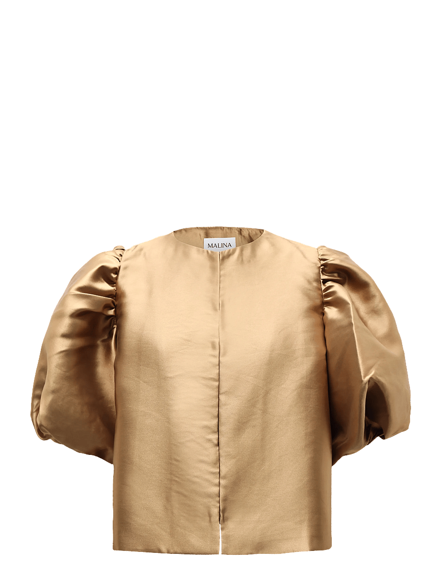 Malina - Cleo Puff-Sleeve Satin Blouse - kortärmade blusar - camel - 1