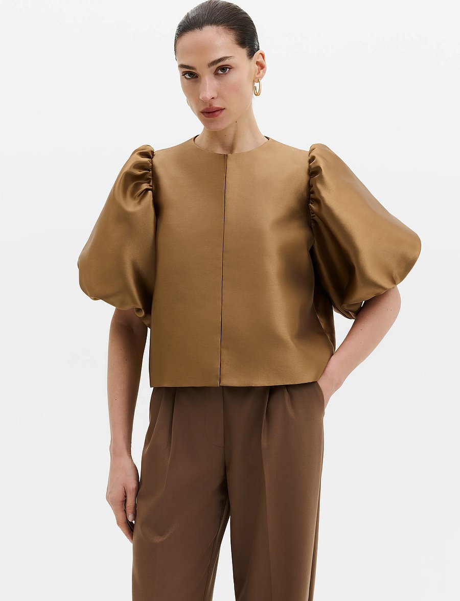 Malina - Cleo Puff-Sleeve Satin Blouse - kurzärmelige blusen - camel - 0