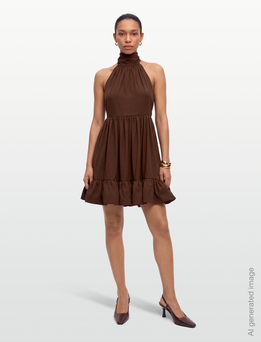 Malina - Fern Halterneck Ruffled Mini Dress - kokteilkjólar - dark brown - 0