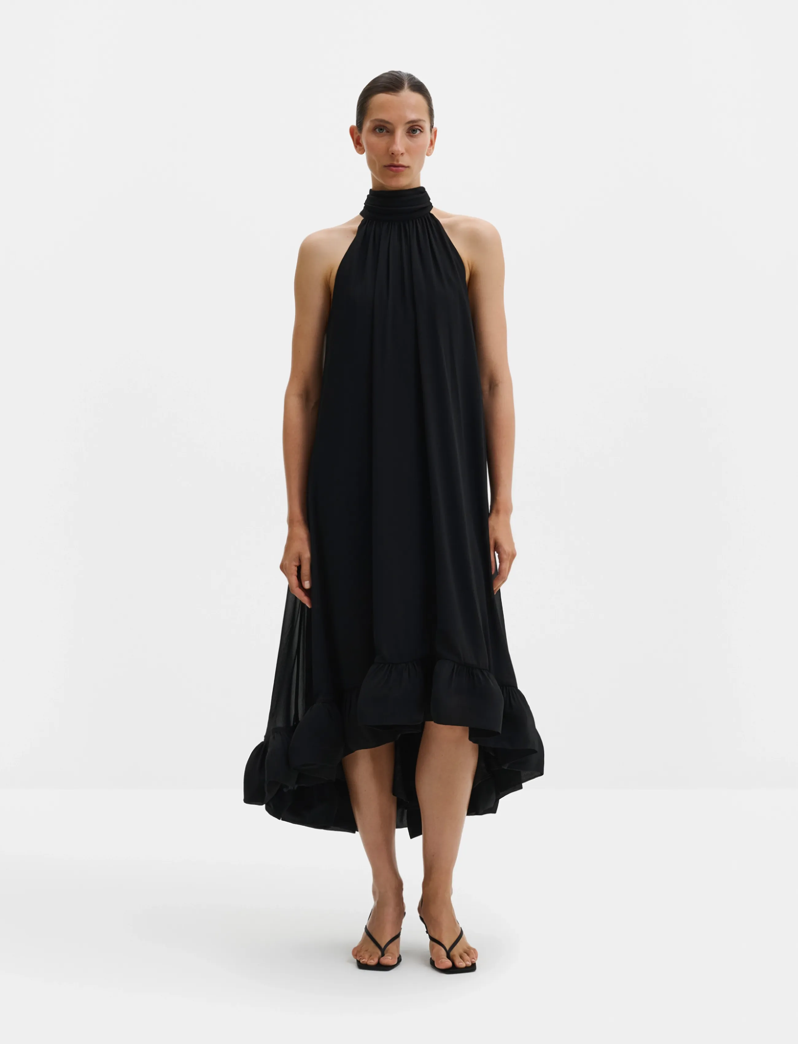 Malina Sabrina Halterneck Ruffled Midi Dress, Kvinder, Halterneck Flæse Midi Kjole, Sort, Str: 42