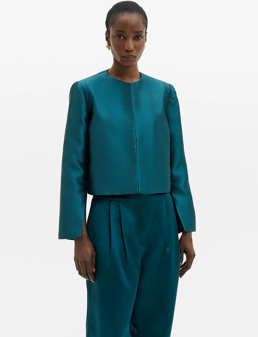 Malina - Ruthie Slit-Sleeve Satin Blouse - crop tops - teal - 0