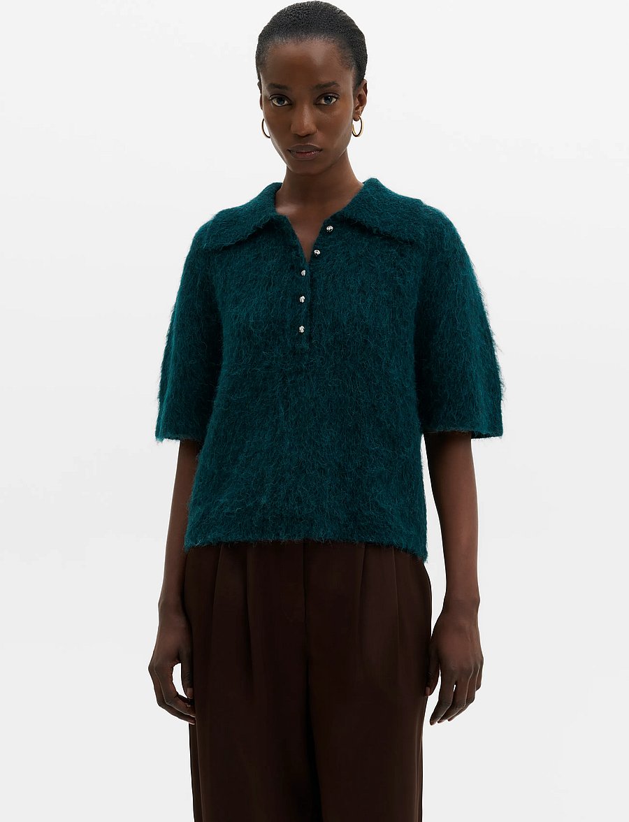 Malina - Eileen Short Sleeve Alpaca Blend Polo Shirt - stickade tröjor - teal - 0