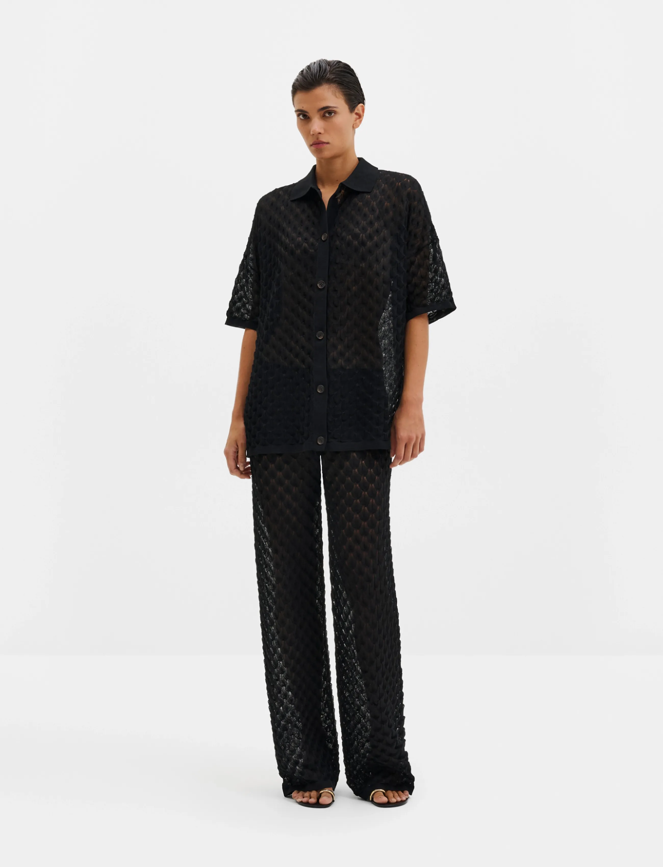 Malina Moa Oversized Pointelle Knitted Shirt - Malina - BLACK METALLIC / black
