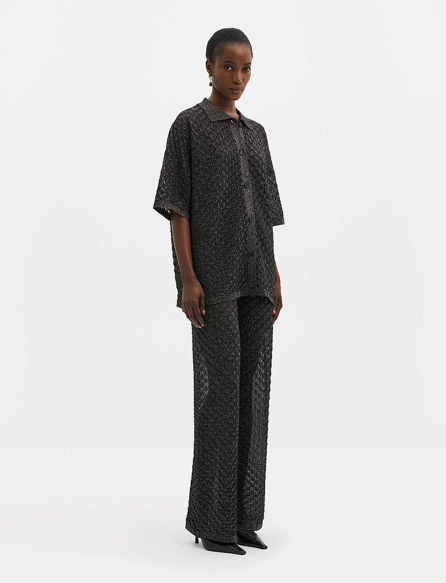 Malina - Moa Oversized Pointelle Knitted Shirt - vida byxor - black metallic - 4