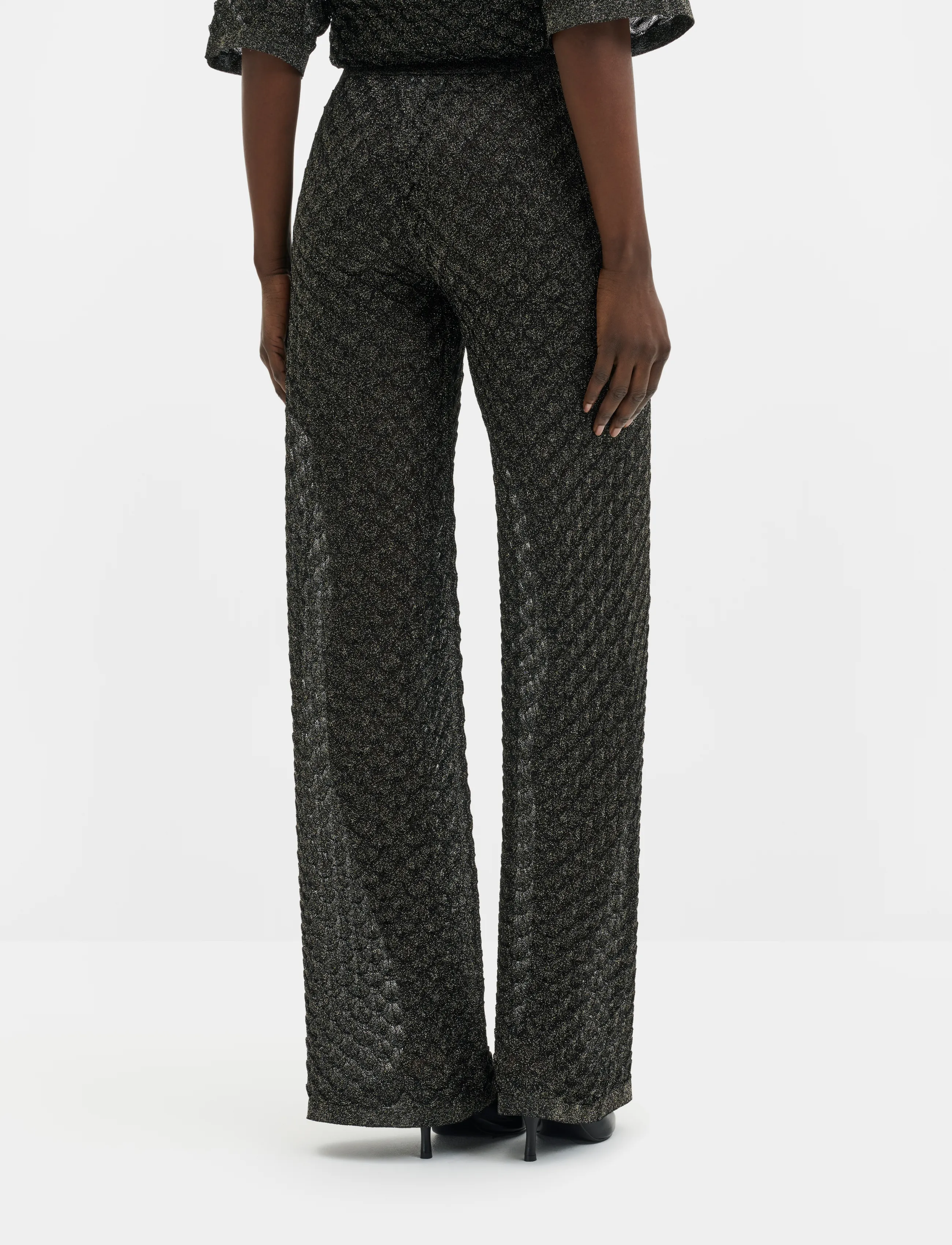 Malina - Alissa Wide-Leg Pointelle Knitted Pants - vida byxor - black metallic - 3