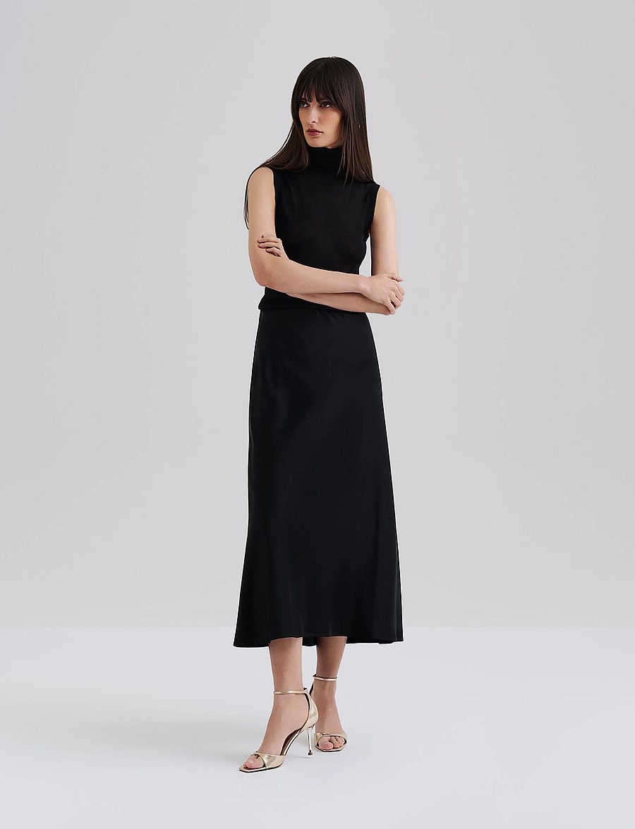Malina - Aubree Satin Midi Skirt - satinkjolar - black - 0