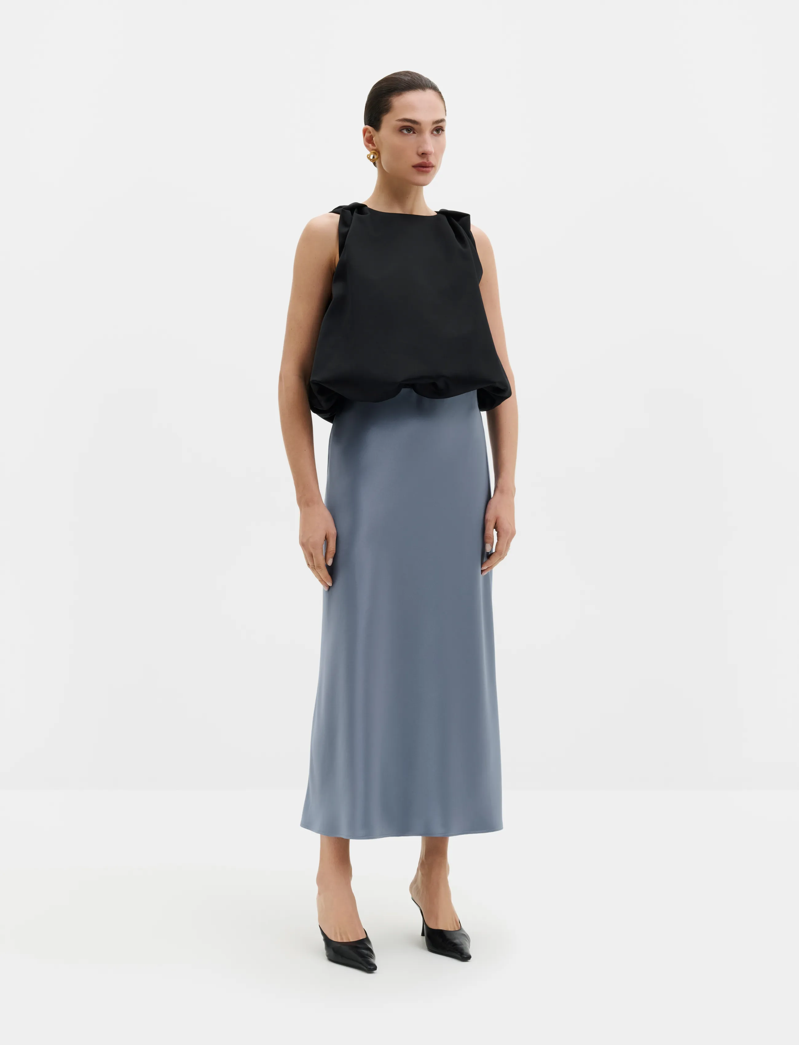 Malina - Aubree Satin Midi Skirt - satinkjolar - steel blue - 3