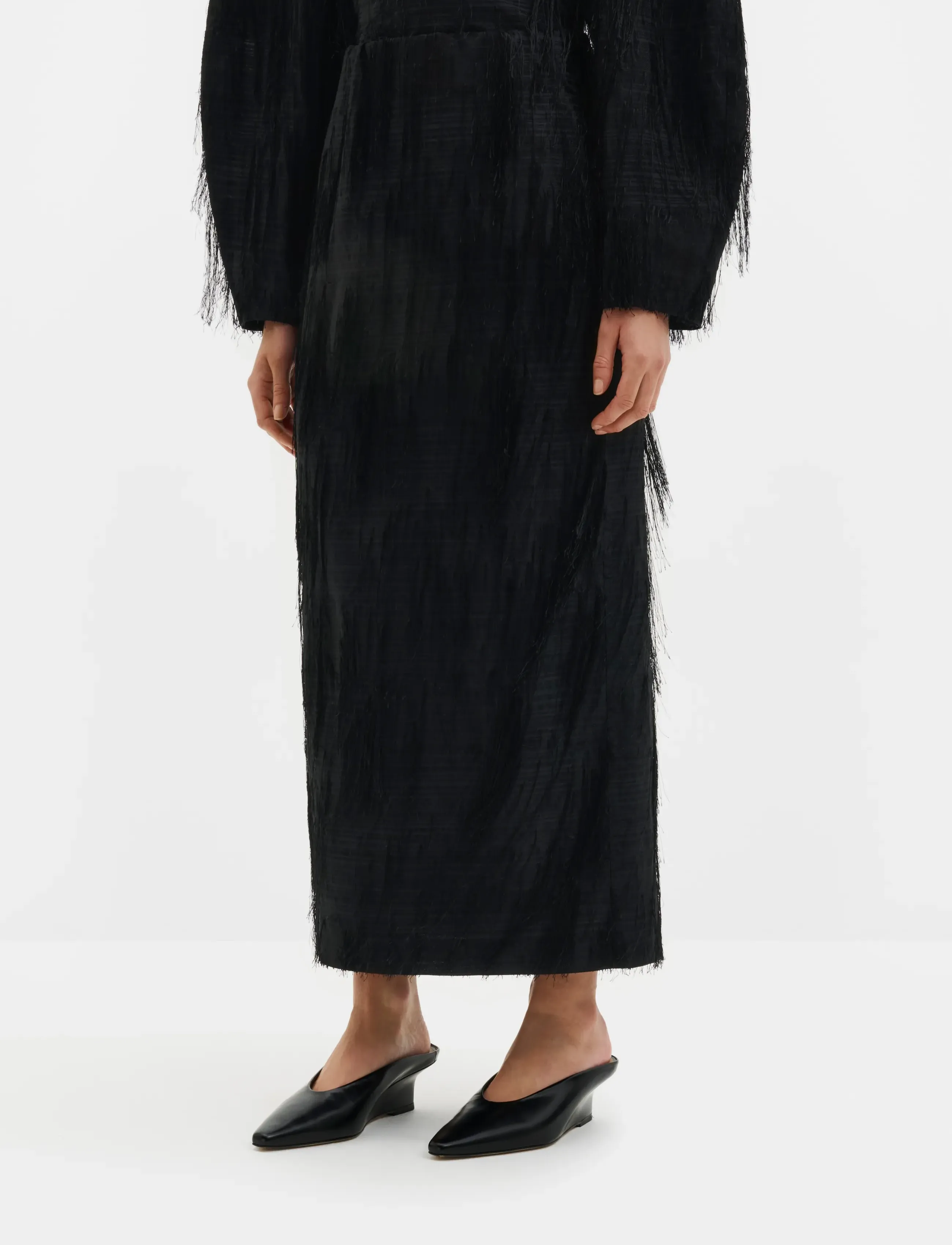 Malina Lydia Textured Fringe Midi Skirt - Pencil Skirts - BLACK / black