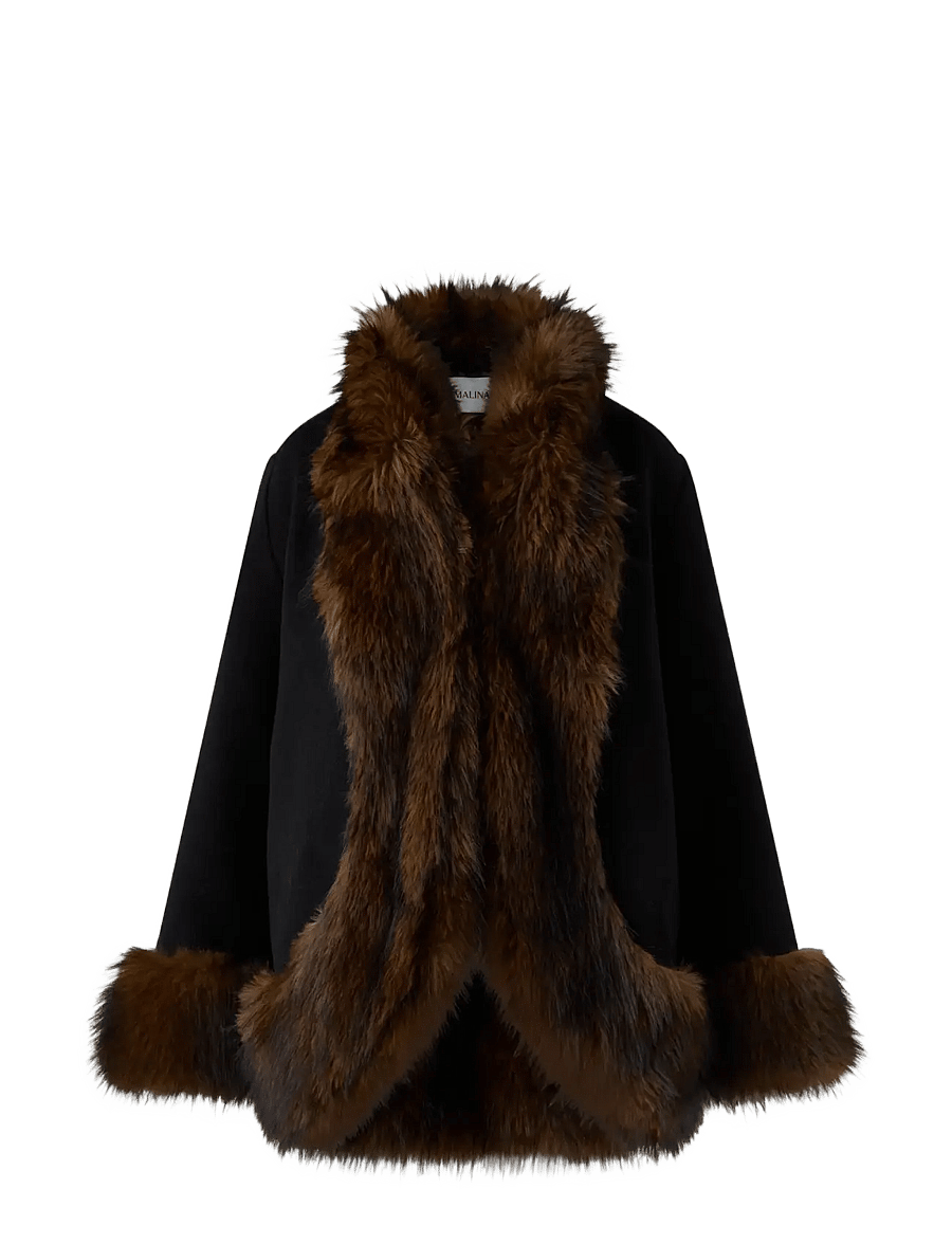 Malina - Nor Faux Fur Short Wool Coat - black - 1