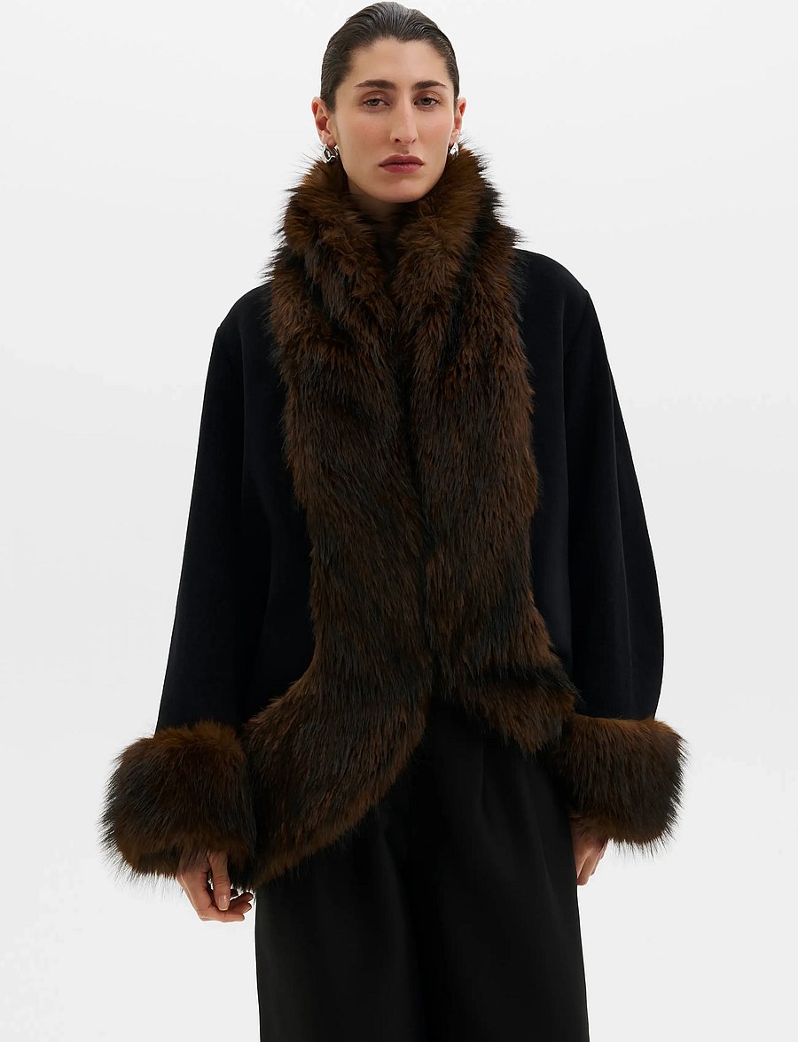 Malina - Nor Faux Fur Short Wool Coat - black - 0