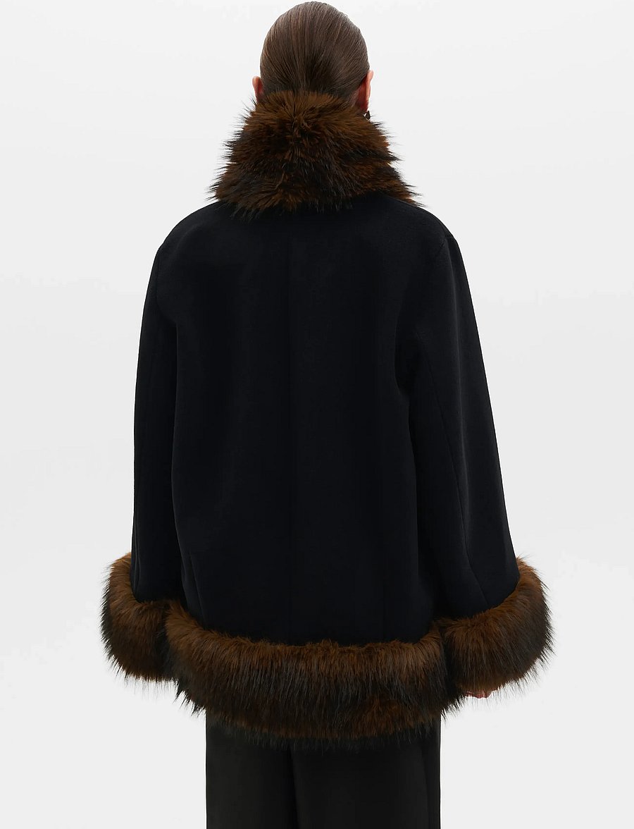 Malina - Nor Faux Fur Short Wool Coat - black - 2