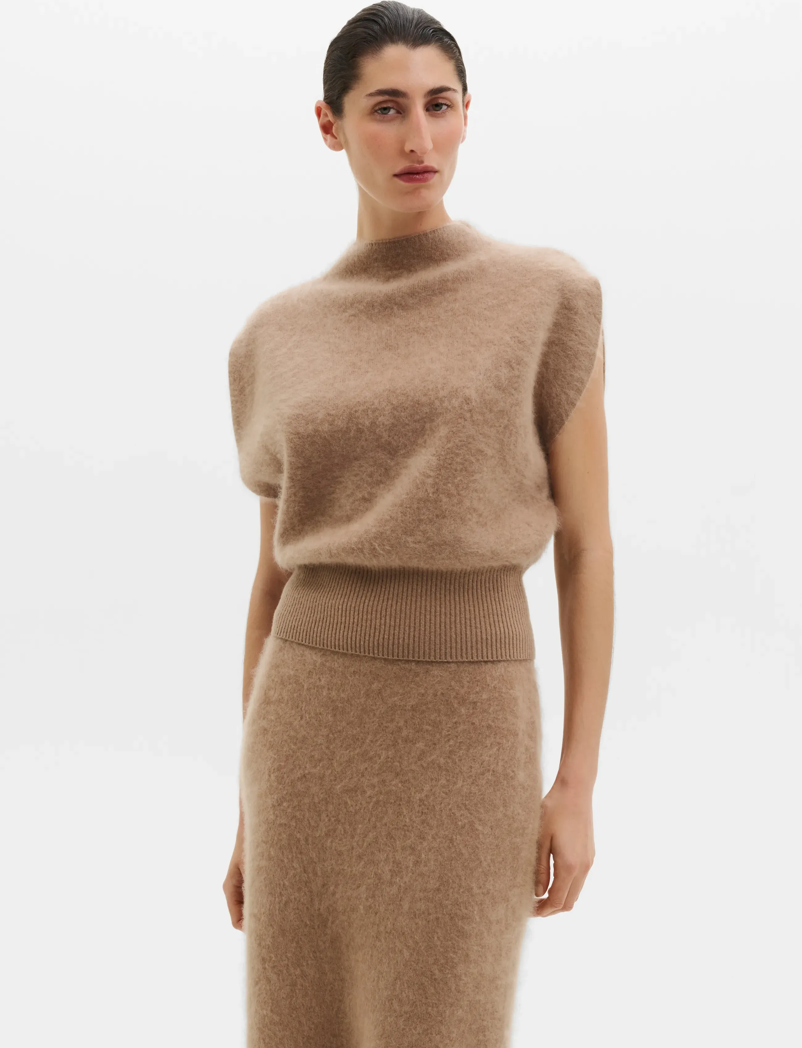 Malina - Angelica Brushed Knitted Sleeveless Top - crop tops - dark beige - 0