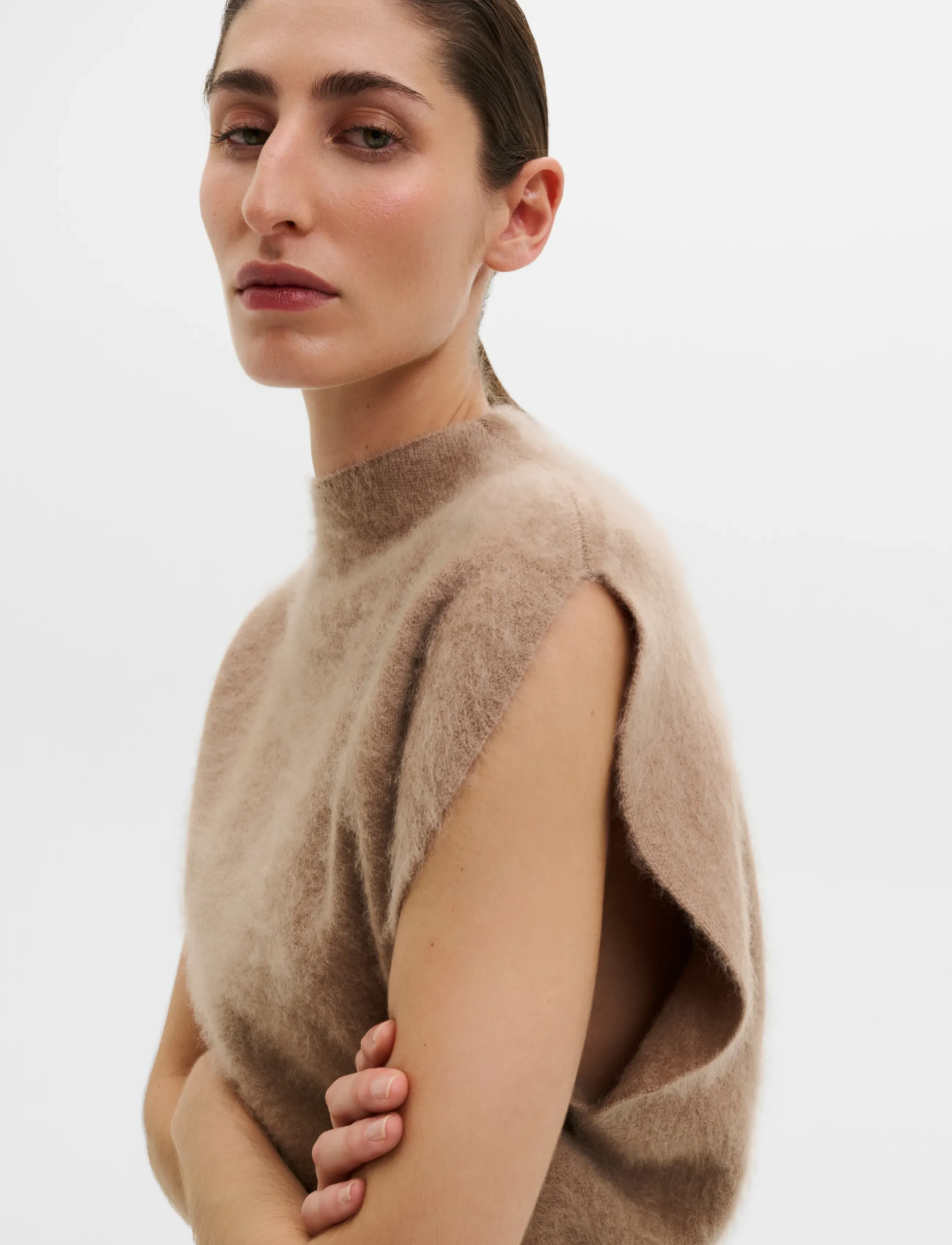 Malina - Angelica Brushed Knitted Sleeveless Top - crop tops - dark beige - 3