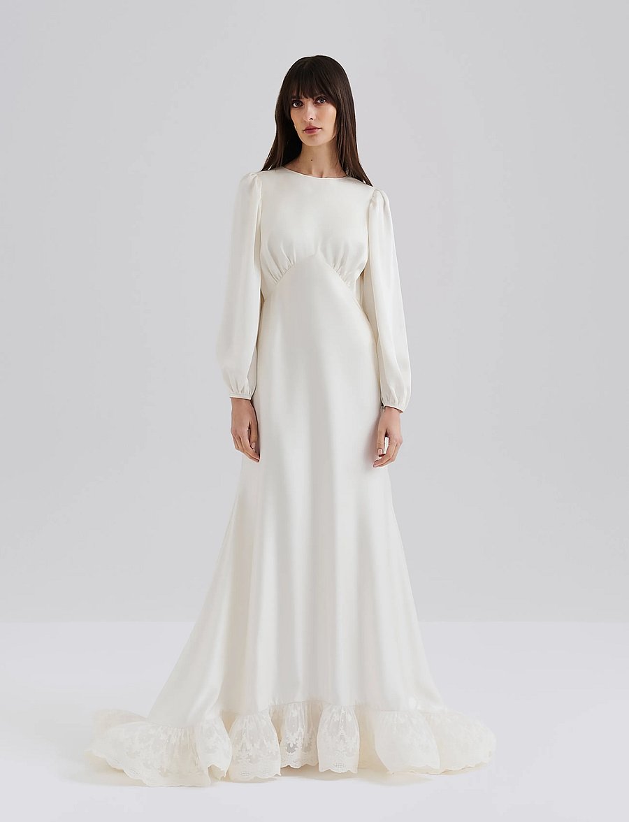 Malina - Emily Long Sleeve Lace Ruffled Gown - spitzenkleider - cream - 0