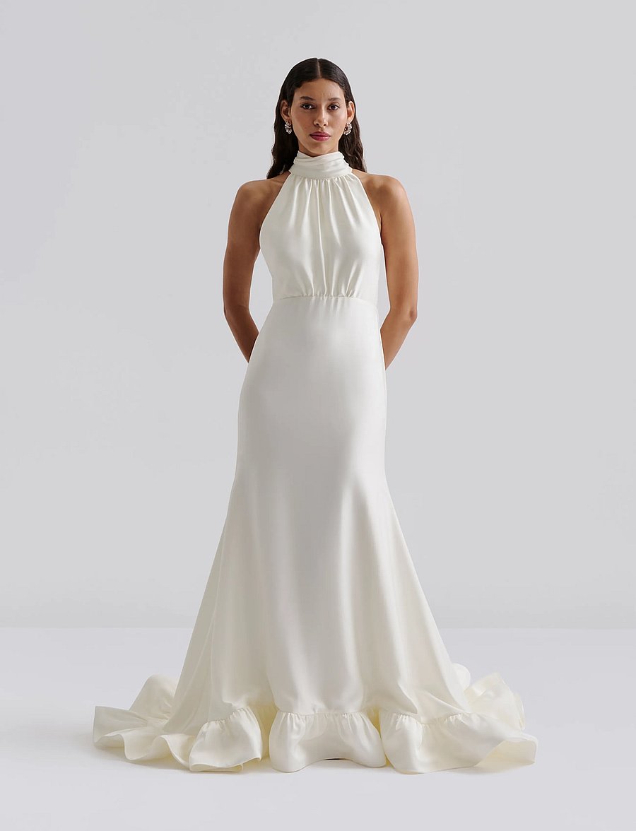 Malina - Angeline Ruffled Hem Satin Gown - cream - 0