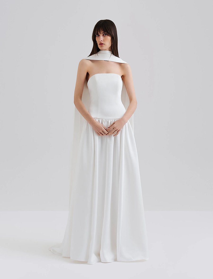 Malina - Audrey Strapless Neck Scarf Drop Waist Gown - ivory - 0