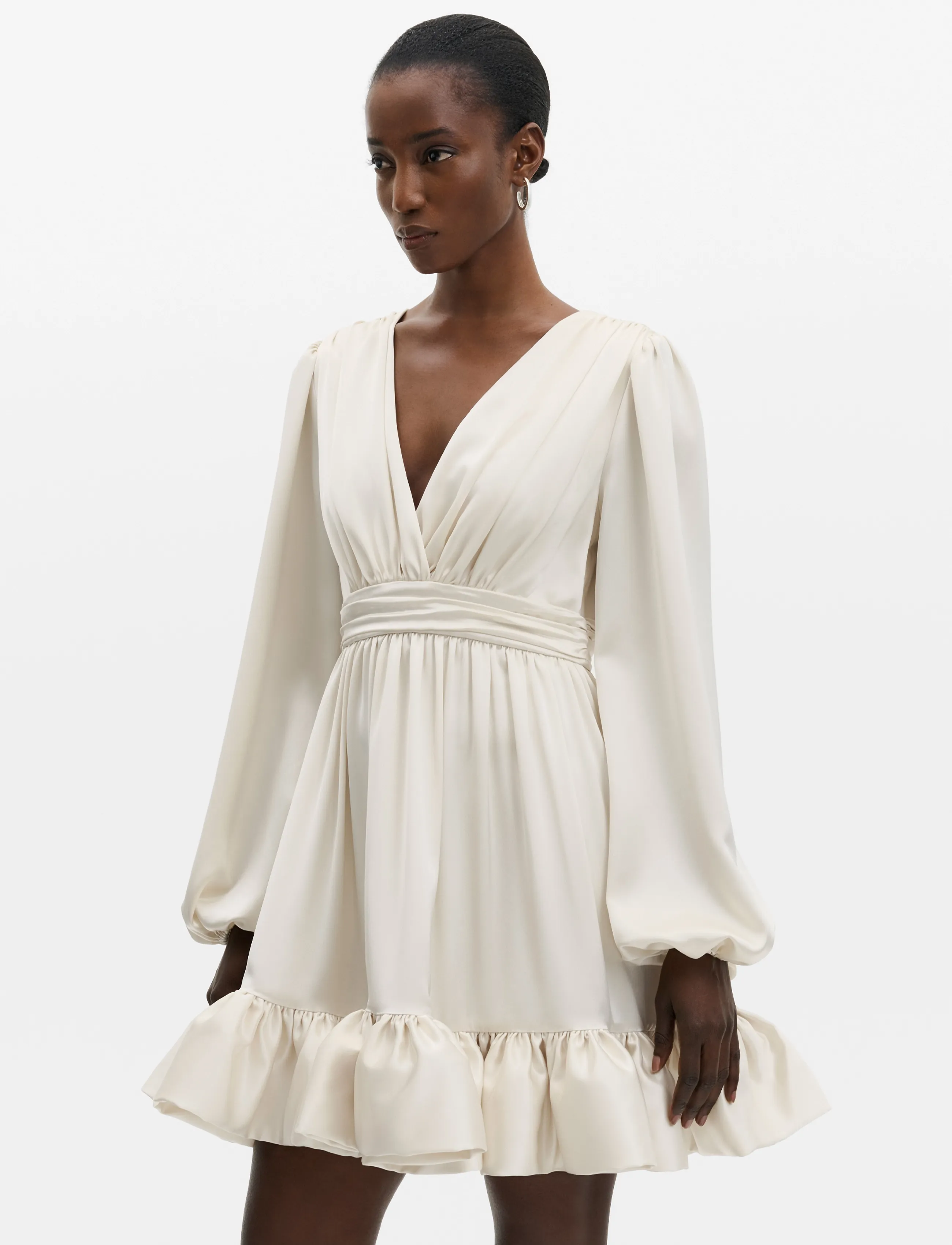 Malina Jadie V-Neck Ruffled Satin Mini Dress - Neue Mode - CREAM / cream