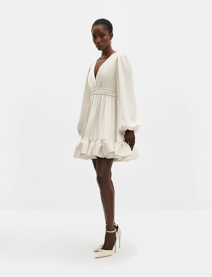 Malina - Jadie V-Neck Ruffled Satin Mini Dress - cocktailkleider - cream - 2