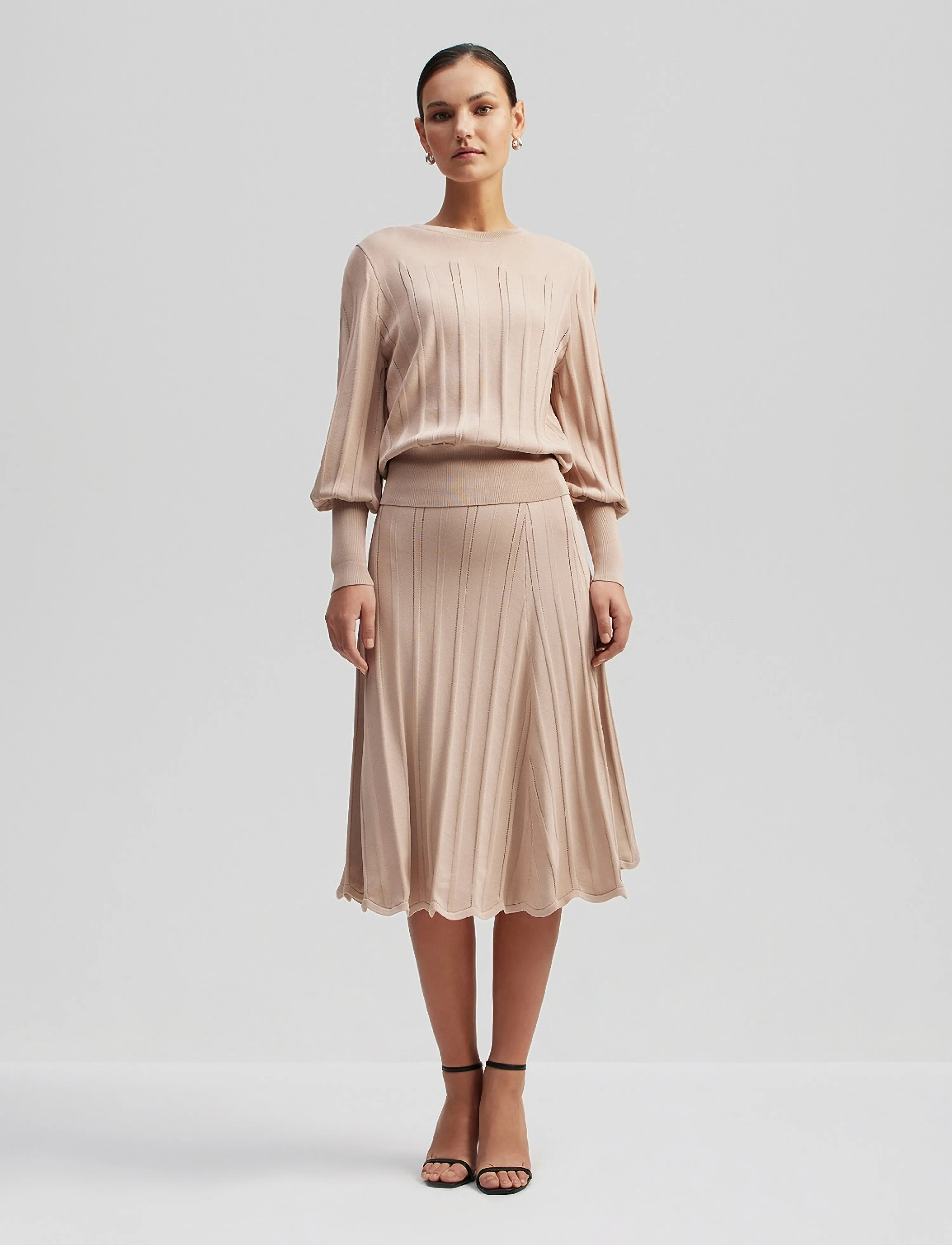 Malina Anissa Ribbed Knit Midi Skirt, M, Beige, Nederdele > Knælange Og Midi Nederdele, Dame