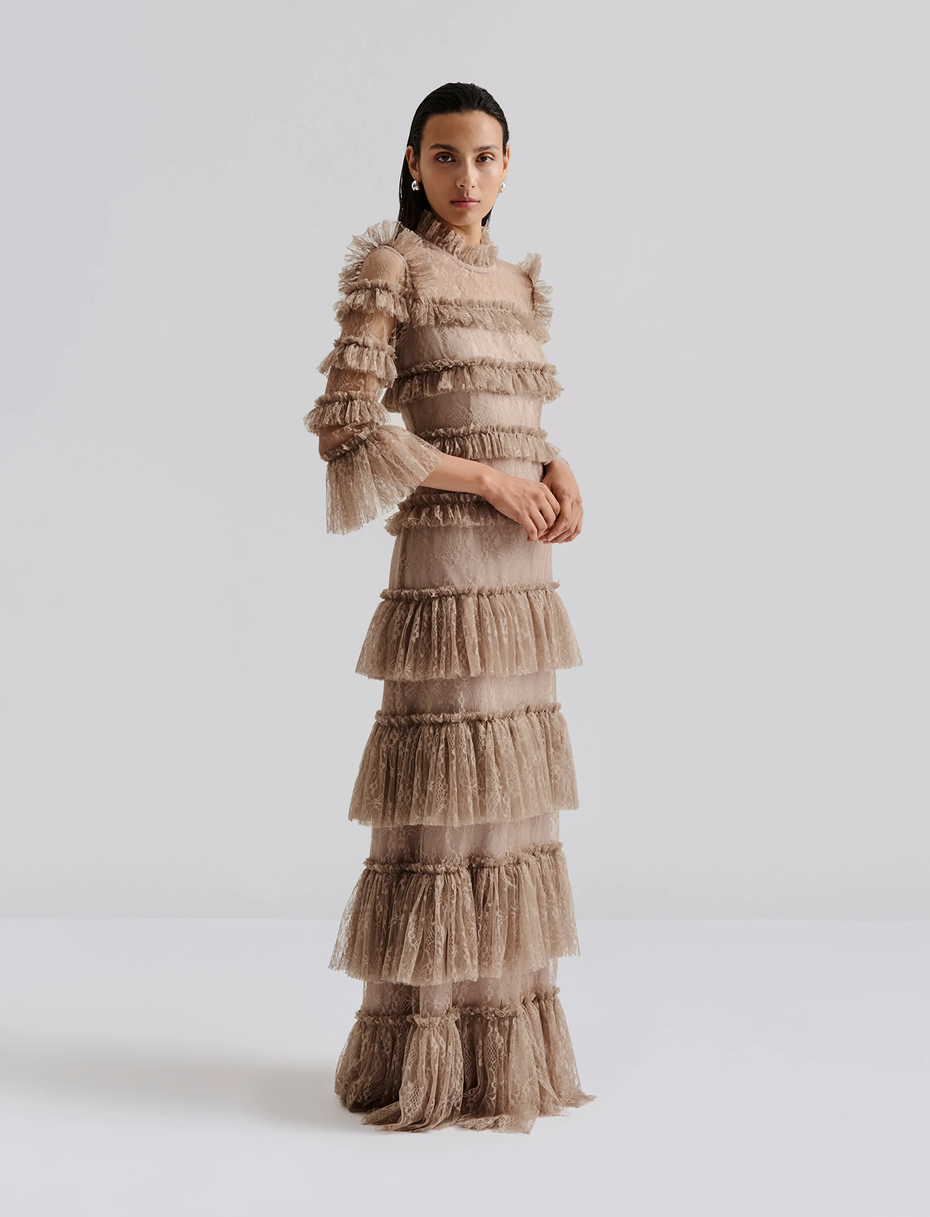 Malina Carmine Long Sleeve Lace Maxi Dress - Kleider - GREIGE / beige