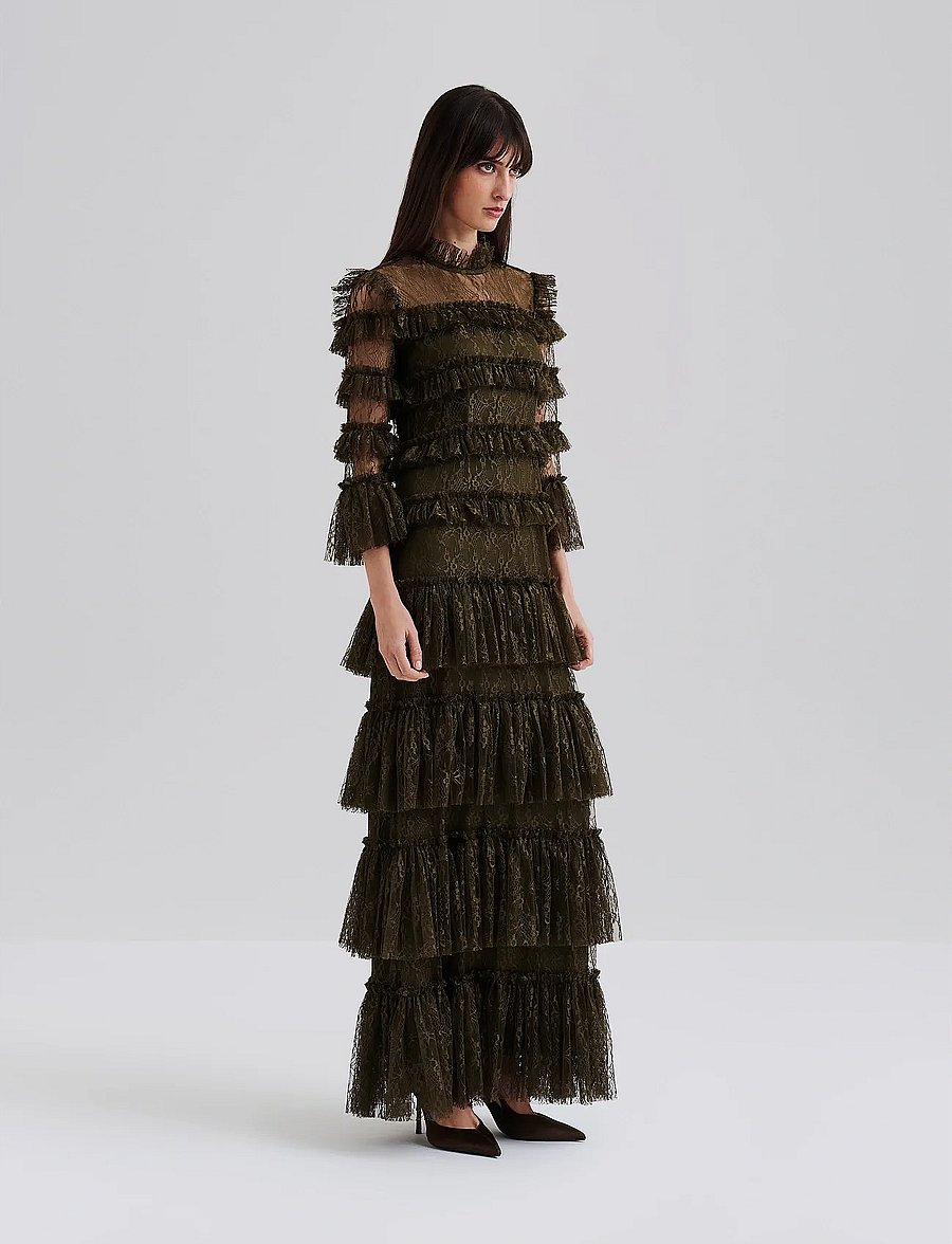 Malina - Carmine Long Sleeve Lace Maxi Dress - robes de soirée - olive - 0