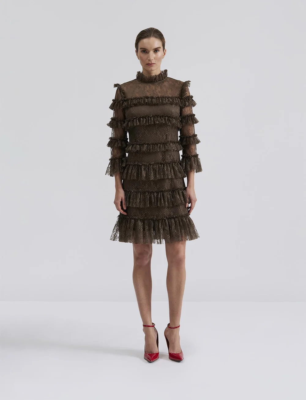 Malina - Carmine frill lace mini dress - spetsklänningar - brown - 0