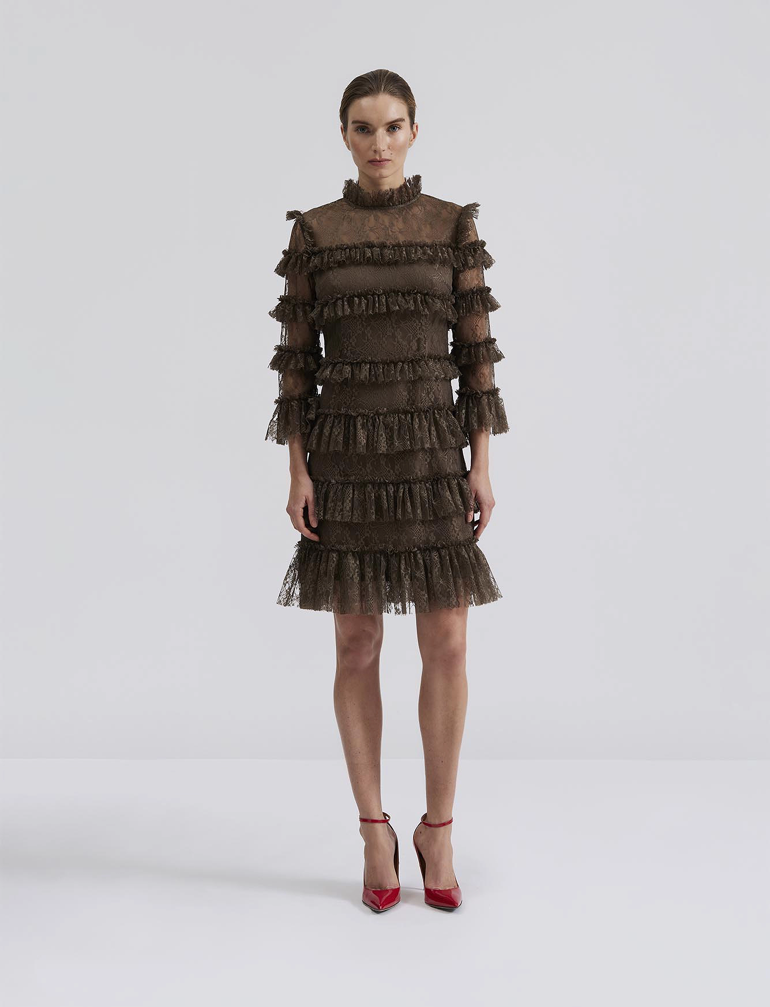 Malina - Carmine Frill Lace Mini dress - vakarinės suknelės - brown - 0