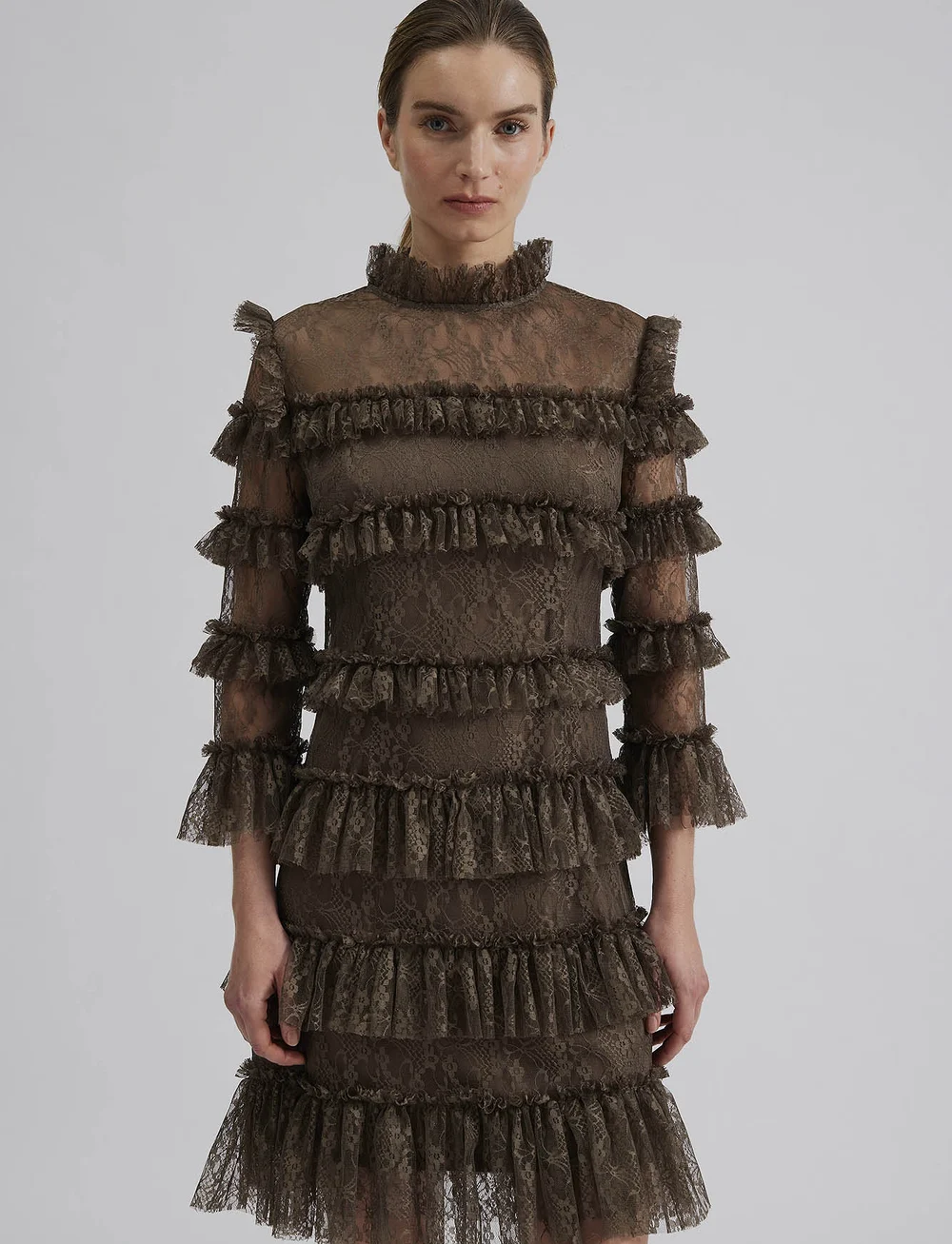 Malina - Carmine frill lace mini dress - spetsklänningar - brown - 4