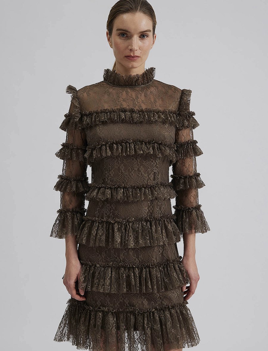 Malina - Carmine Frill Lace Mini dress - vakarinės suknelės - brown - 4