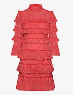 Carmine frill mini lace dress - CORAL