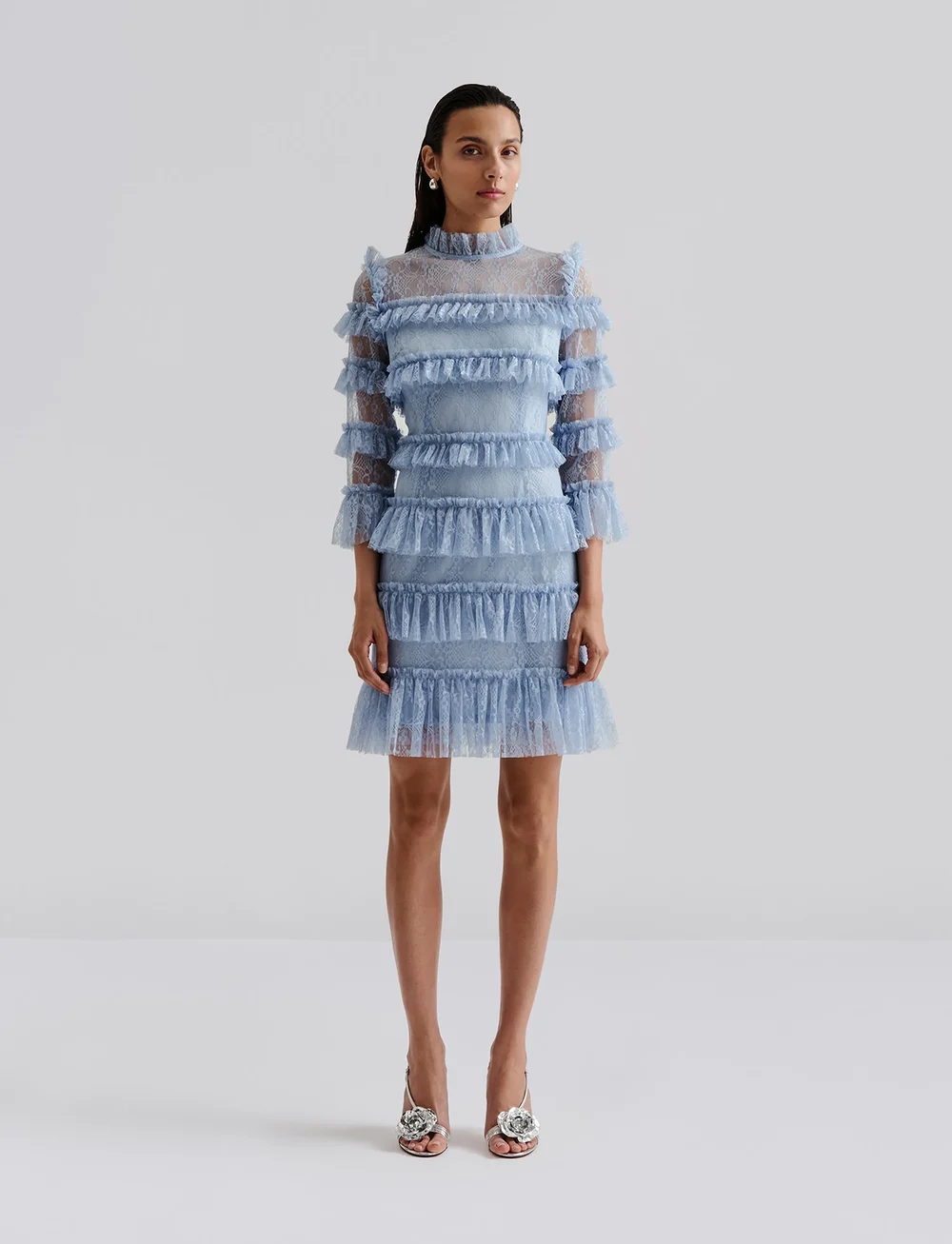 Malina - Carmine frill lace mini dress - spetsklänningar - dusty blue - 0