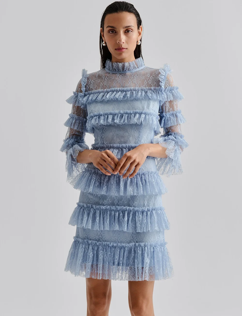 Malina - Carmine frill lace mini dress - spetsklänningar - dusty blue - 3