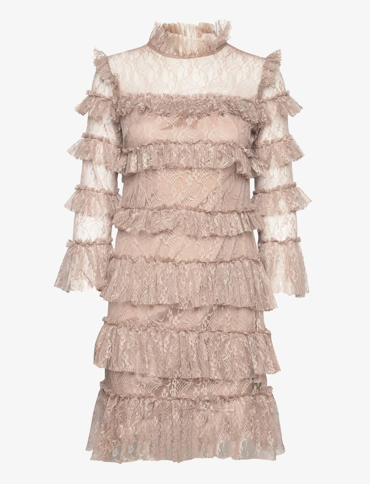 Malina - Carmine frill mini lace dress - odzież imprezowa w cenach outletowych - greige - 0