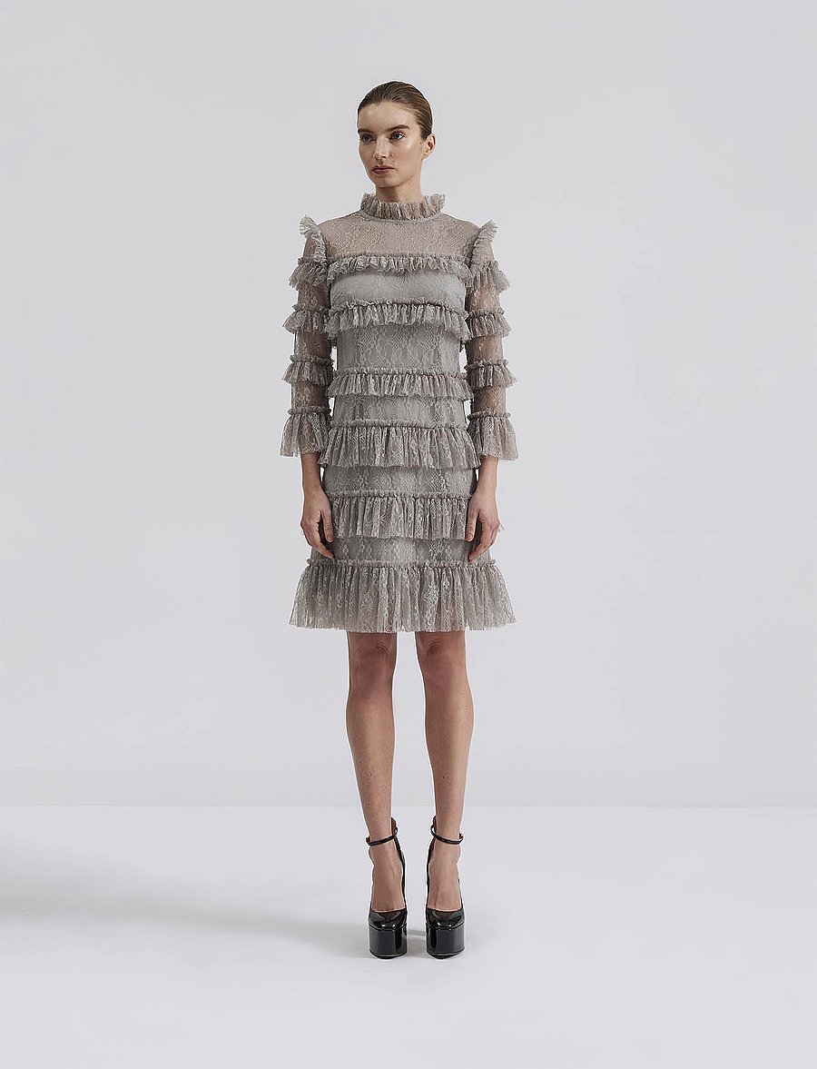 Malina - Carmine Frill Lace Mini dress - spitzenkleider - steel grey - 0
