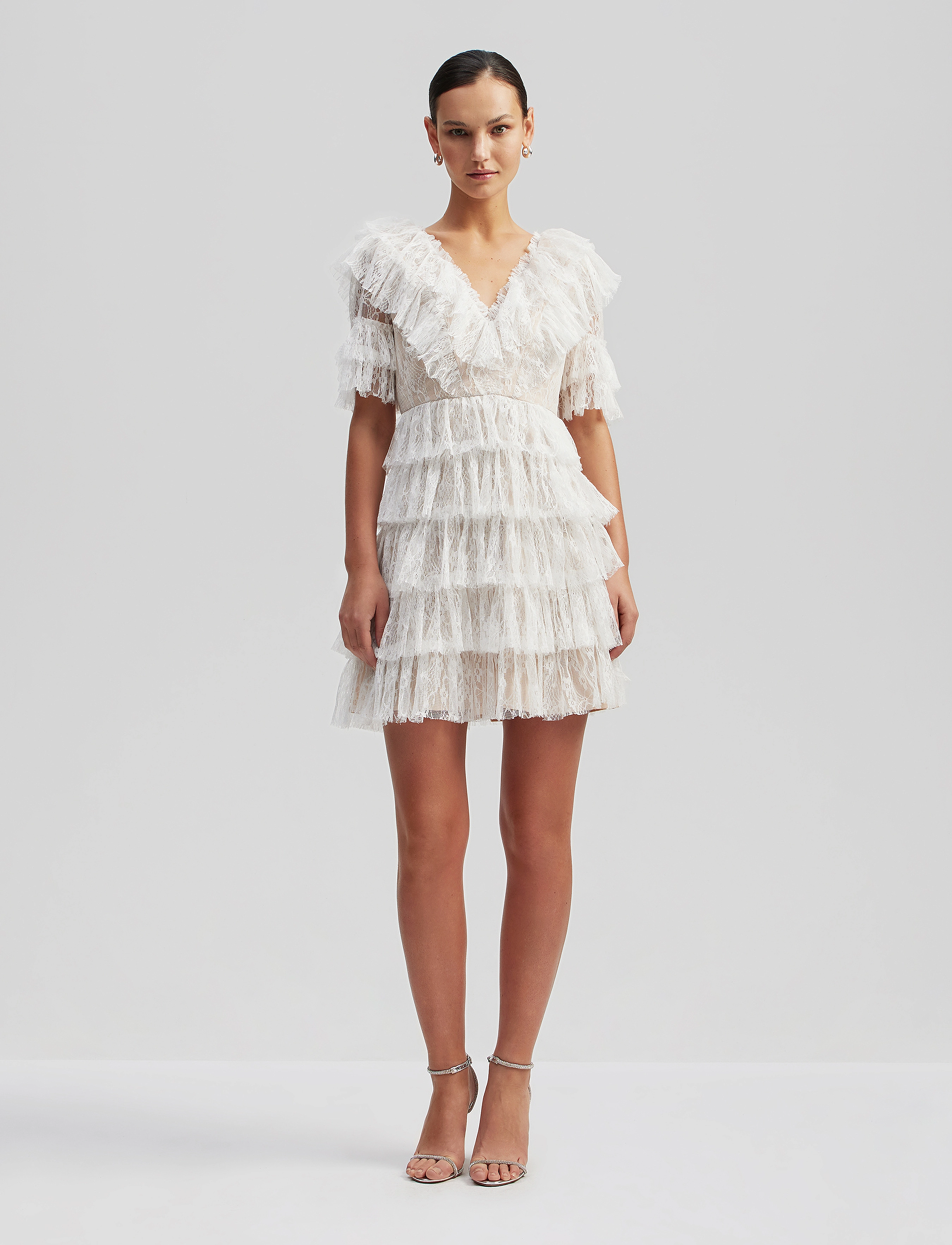 Malina Sky V-Neck Frill Mini Lace Dress, XL, White, Designere > Korte Kjoler, Dame
