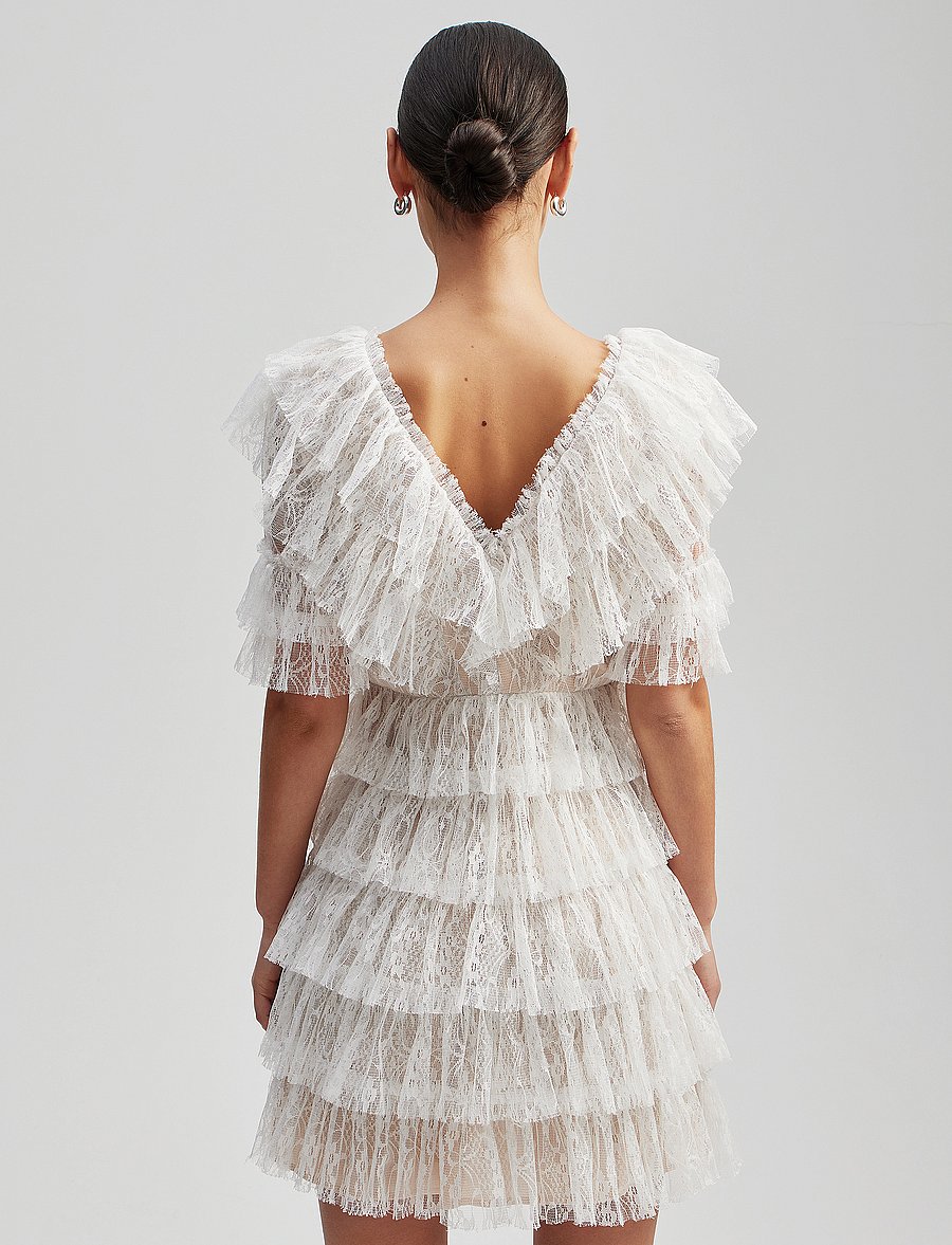 Malina - Sky v-neck frill mini lace dress - konfirmationstøj - white - 3
