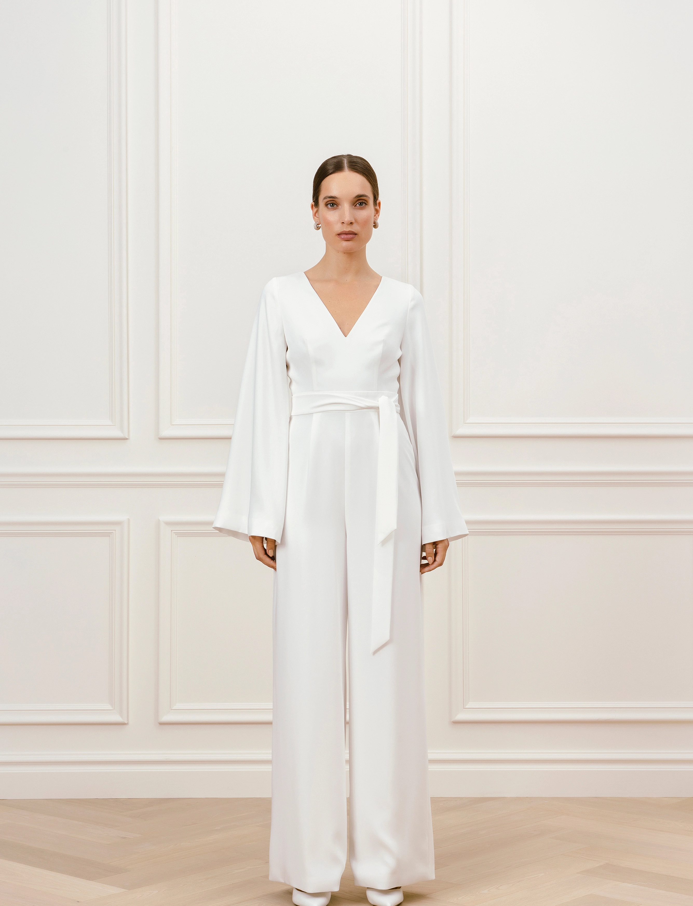 Malina Ellie Belted Wide-Leg Bridal Jumpsuit, M, White, Underdele > Jumpsuits, Dame