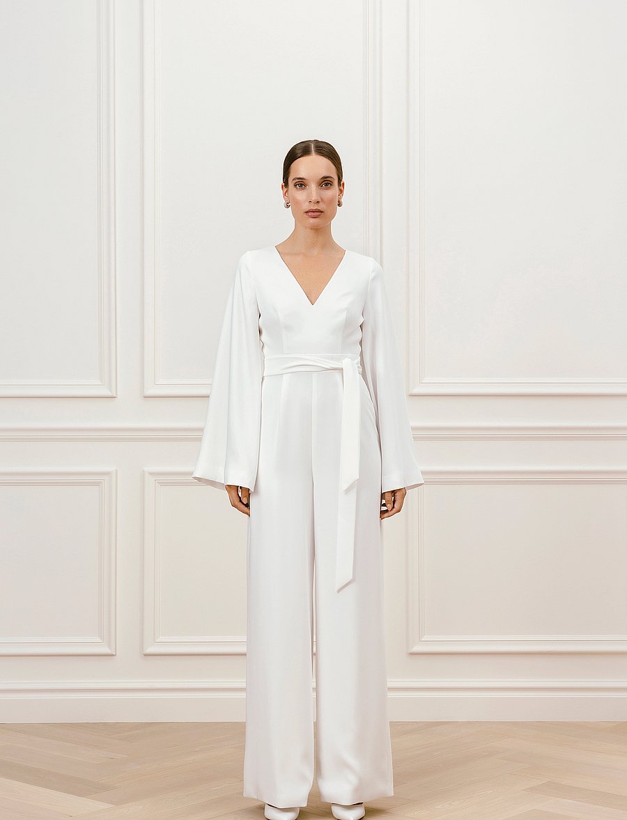 Malina - Ellie belted wide-leg bridal jumpsuit - besondere anlässe - ivory - 0