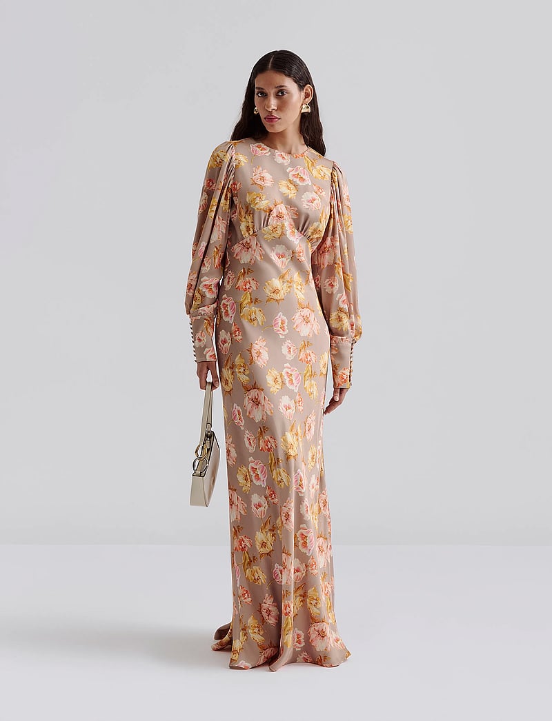 Malina - Alize long sleeved satin maxi dress - champagne peony - 0
