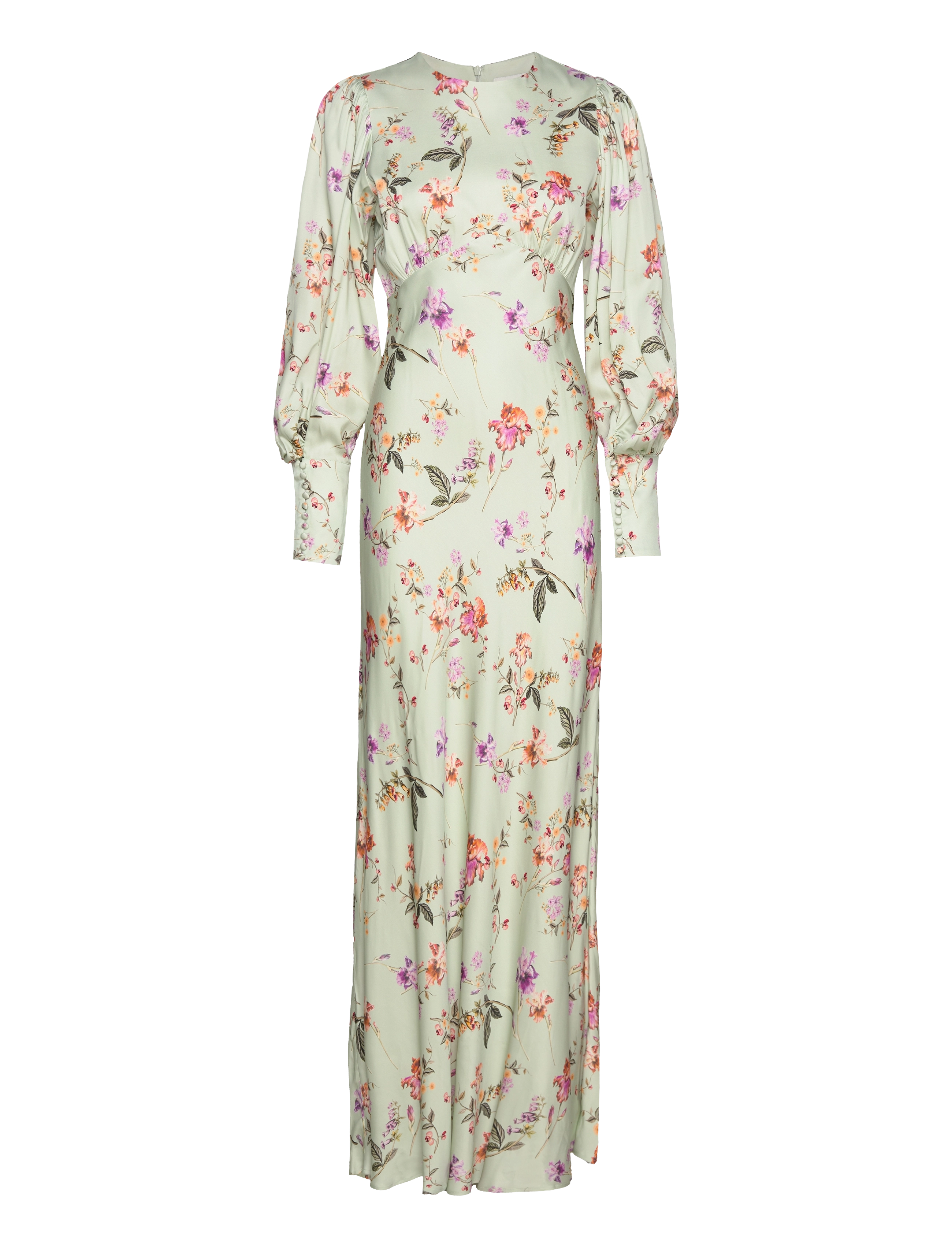 Malina - Alize long sleeved satin maxi dress - soft floral pistachio - 1