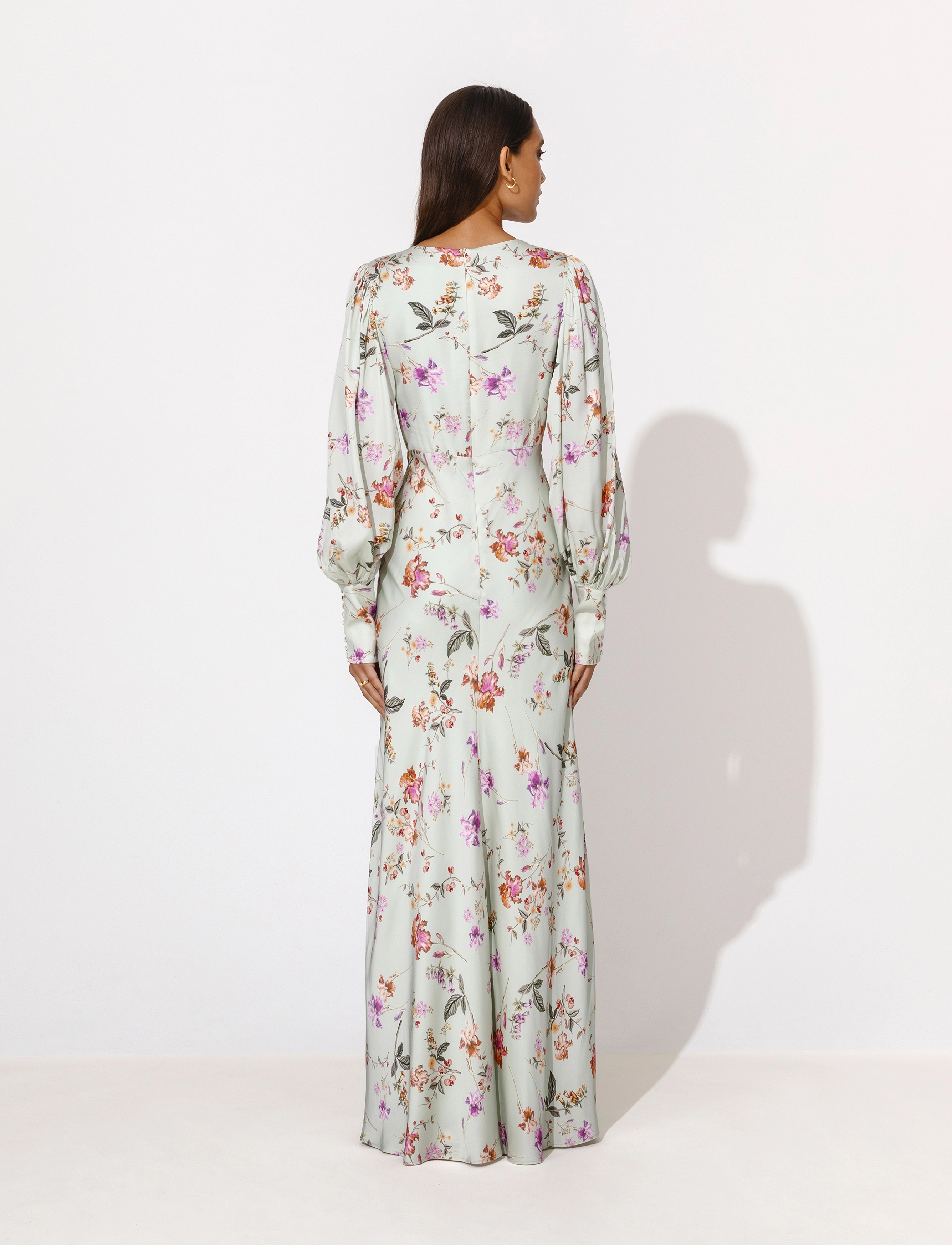 Malina - Alize long sleeved satin maxi dress - soft floral pistachio - 3