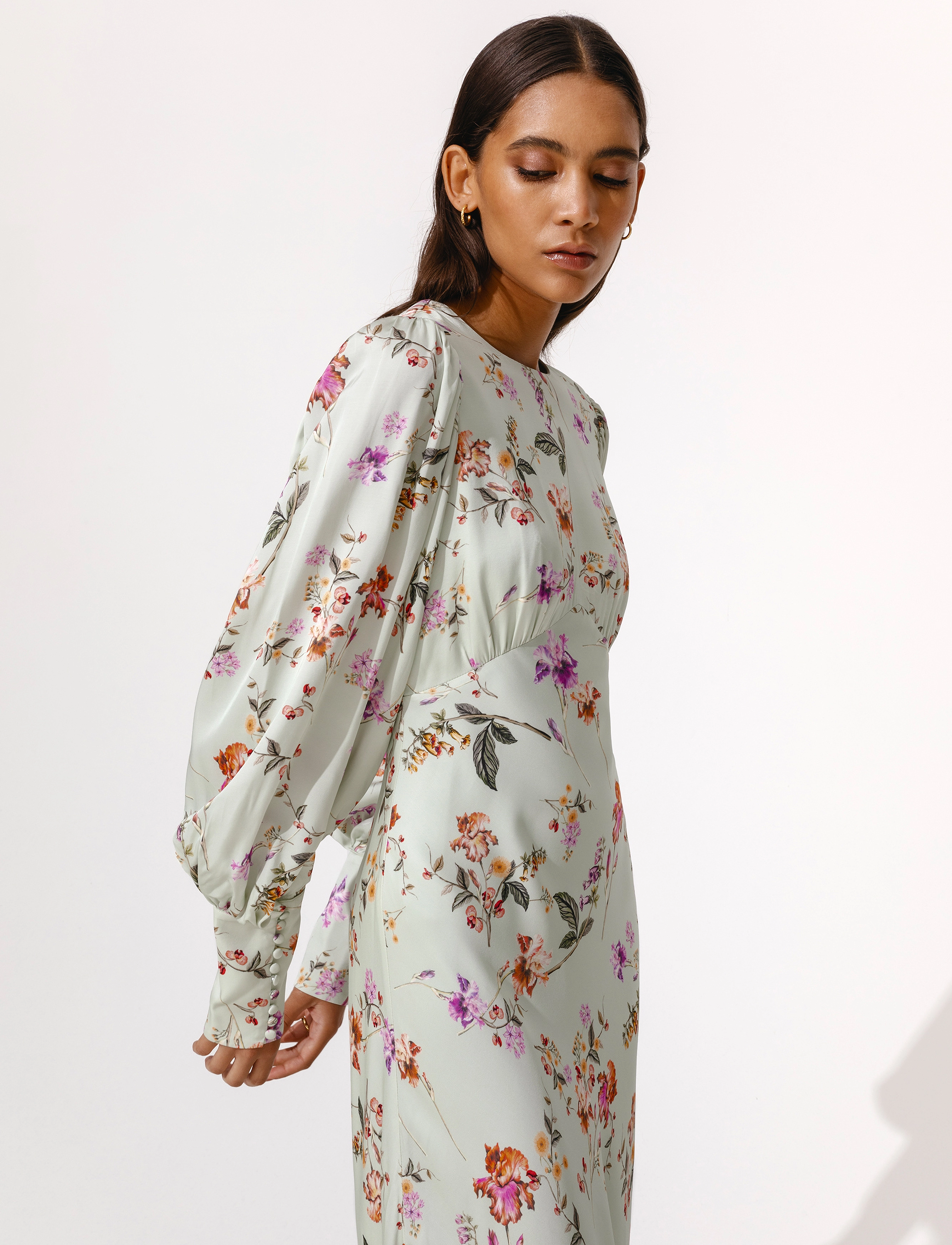 Malina - Alize long sleeved satin maxi dress - soft floral pistachio - 5